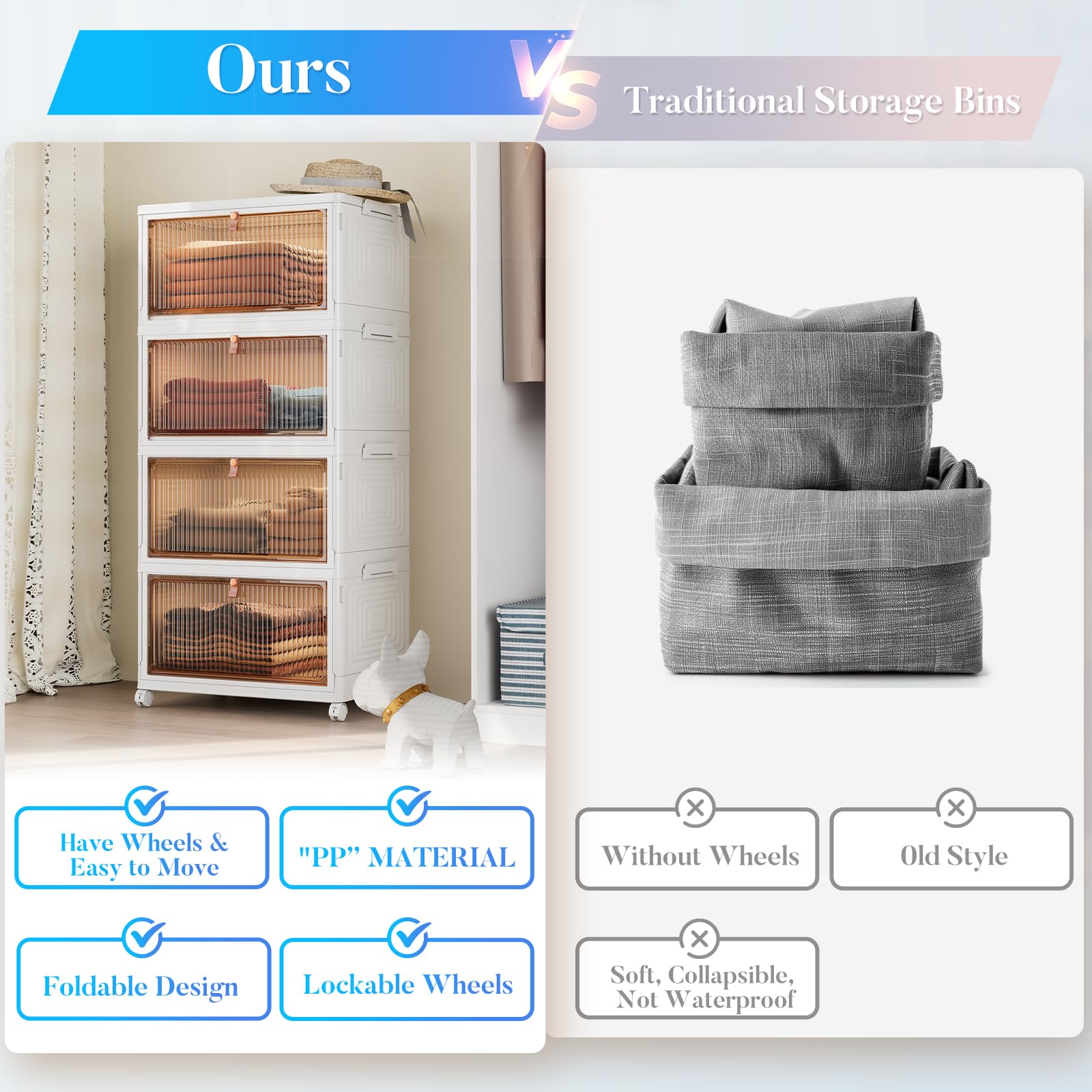 Stackable 23QT Storage Bins with Wheels & Lid - for Closet, Pantry & Office Organization