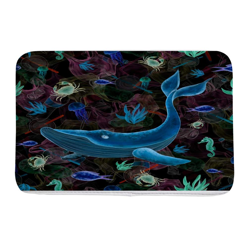 Non-Slip Bath Mat - Watercolor Whale & Sea Fishes Design - Soft Velvet Absorbent Bathroom Rug - 31x20 Inch Quick-Dry Standing Mat for Bathroom & Shower Floor - Perfect for Kids, Coastal & Nautical Decor
