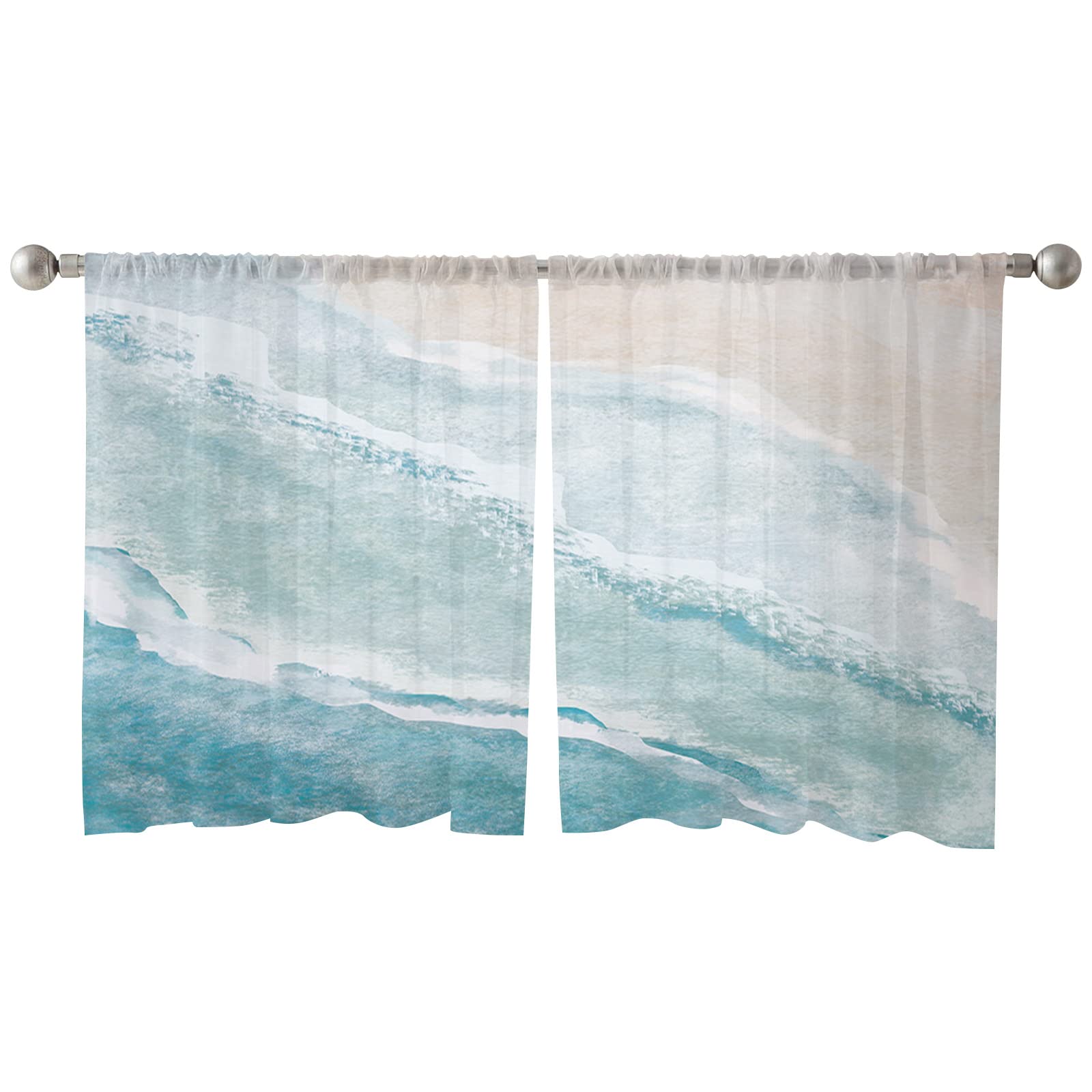 Tropical Sea Beach Semi-Sheer Window Curtains 45 Inch - Ocean Seaside Scenic Voile Drapes with Rod Pocket, Set of 2 Panels for Kitchen, Bedroom & Living Room - Ocean Wave Design | Perfect for Coastal Decor, Beach House Style & Vacation Home Ambiance