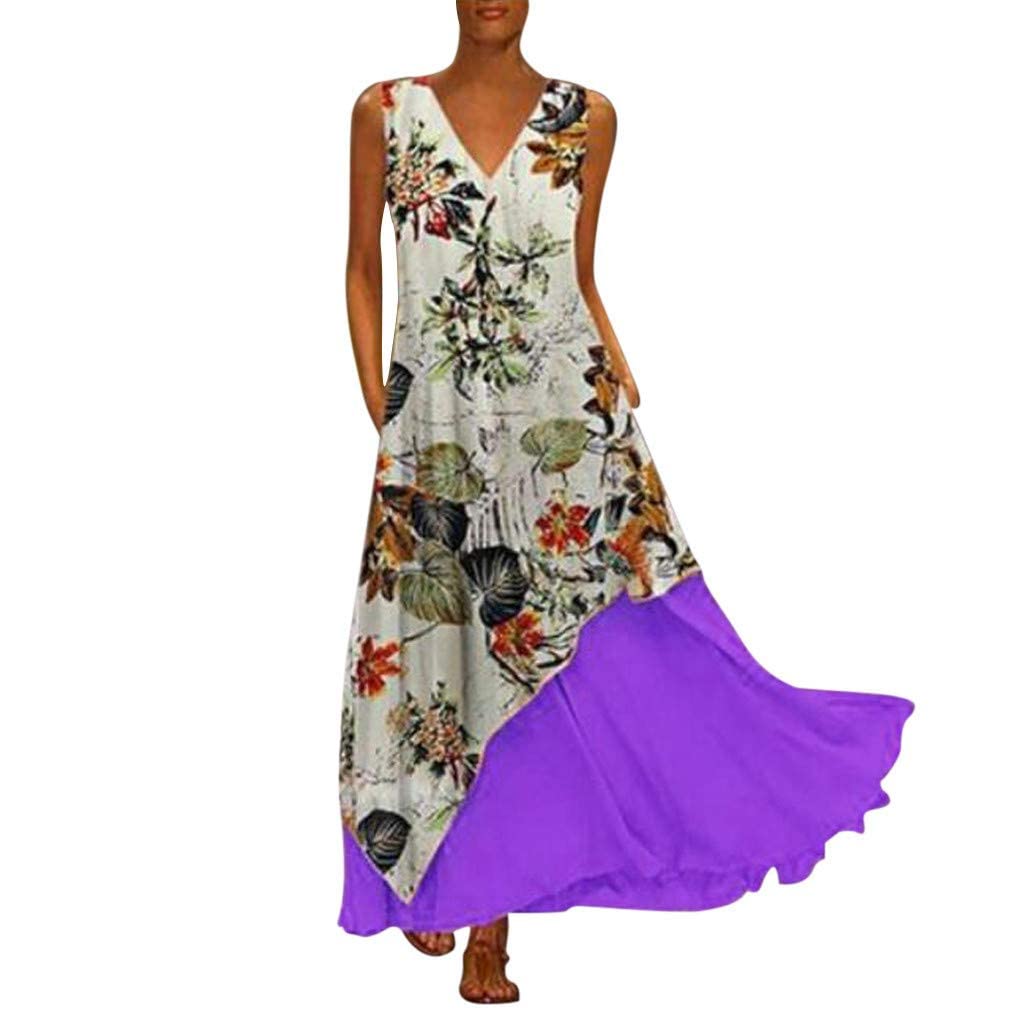 Ywuzuh Women's Plus Size Vintage V-Neck Floral Print Sleeveless Maxi Dress for Beach Vacation | Summer Casual Dress for Travel, Party & Outdoor Activities