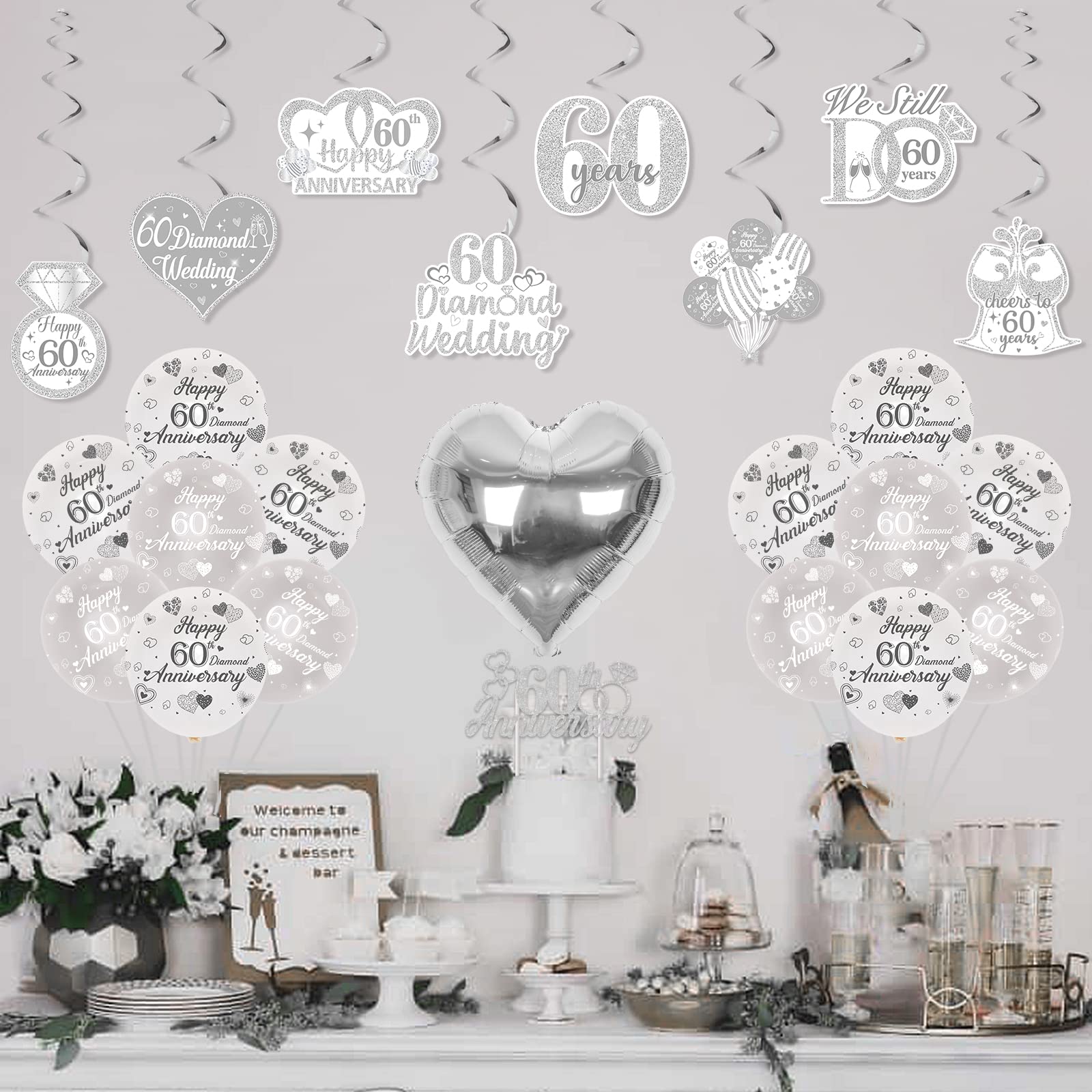 Diamond Wedding Anniversary Decorations Set - Glitter Banner, Cake Topper, Hanging Swirls & Silver Heart Foil Balloons for 60th Anniversary Party Supplies | Perfect for Milestone Celebrations, Festive Decor & Romantic Events
