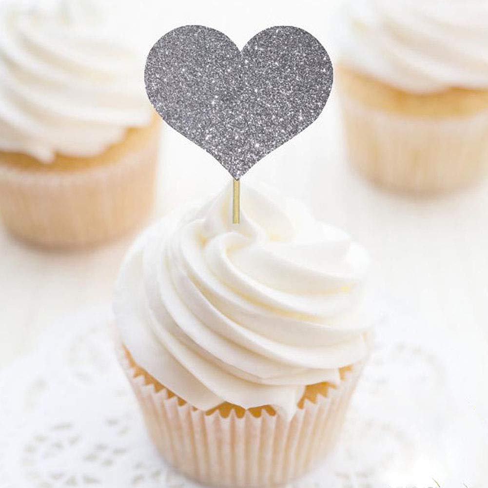 50 PCS Glitter Heart Cupcake Toppers - Valentine's Day Cake Decorations for Wedding, Bridal Shower, Birthday Party & Baby Shower - Perfect for Romantic Celebrations & Dessert Displays