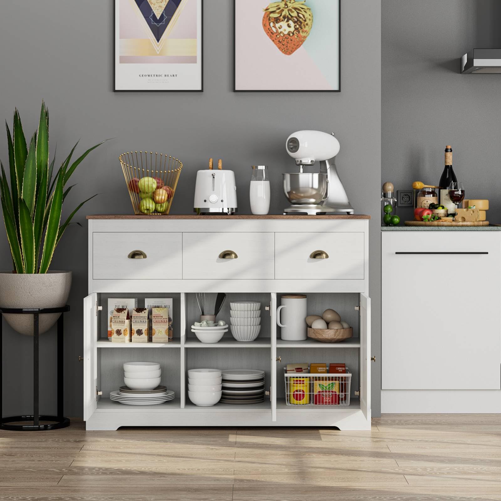 Farmhouse Style Buffet Cabinet with 3 Drawers & 3 Doors - Adjustable Shelves Kitchen Storage Sideboard, Wine Bar Console Table for Dining & Living Room - Antique White Finish | Perfect for Dining Room Storage, Kitchen Organization & Home Decor