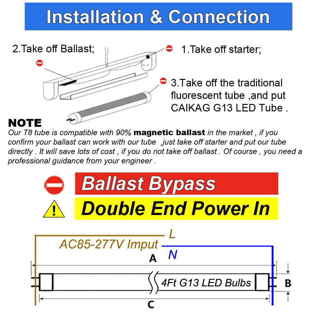 T8 LED Bulbs 4 Foot - Energy Efficient T12 LED Replacement (4FT 72W) - 7200lm 6500K Cool White Fluorescent Tube Lights - 2 Pack Bi-Pin G13 Base Type B - Ballast Bypass & Double Ended Power - No RF FM Driver - Perfect for Warehouses, Garages & Office Lighting