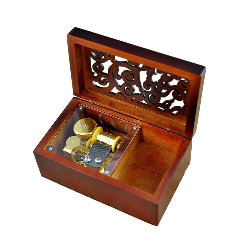 FnLy Antique Engraved Wooden Wind-Up Musical Box with Gold-Plating Movement - Edelweiss Melody Rectangle Music Box for Home Decor, Gift & Collectible | Perfect for Weddings, Anniversaries and Special Occasions