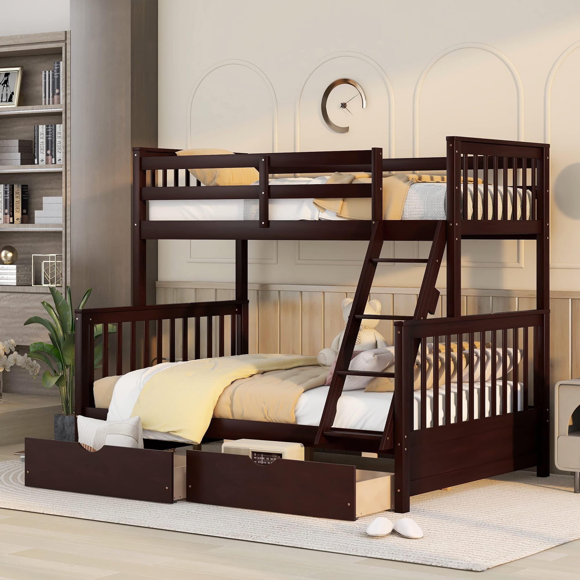 P PURLOVE Twin Over Full Bunk Bed with 2 Storage Drawers - Sturdy Wood Bunk Bed Frame with Ladders, No Box Spring Required, Espresso Finish - Perfect for Kids' Bedroom, Guest Room & Space-Saving Solutions