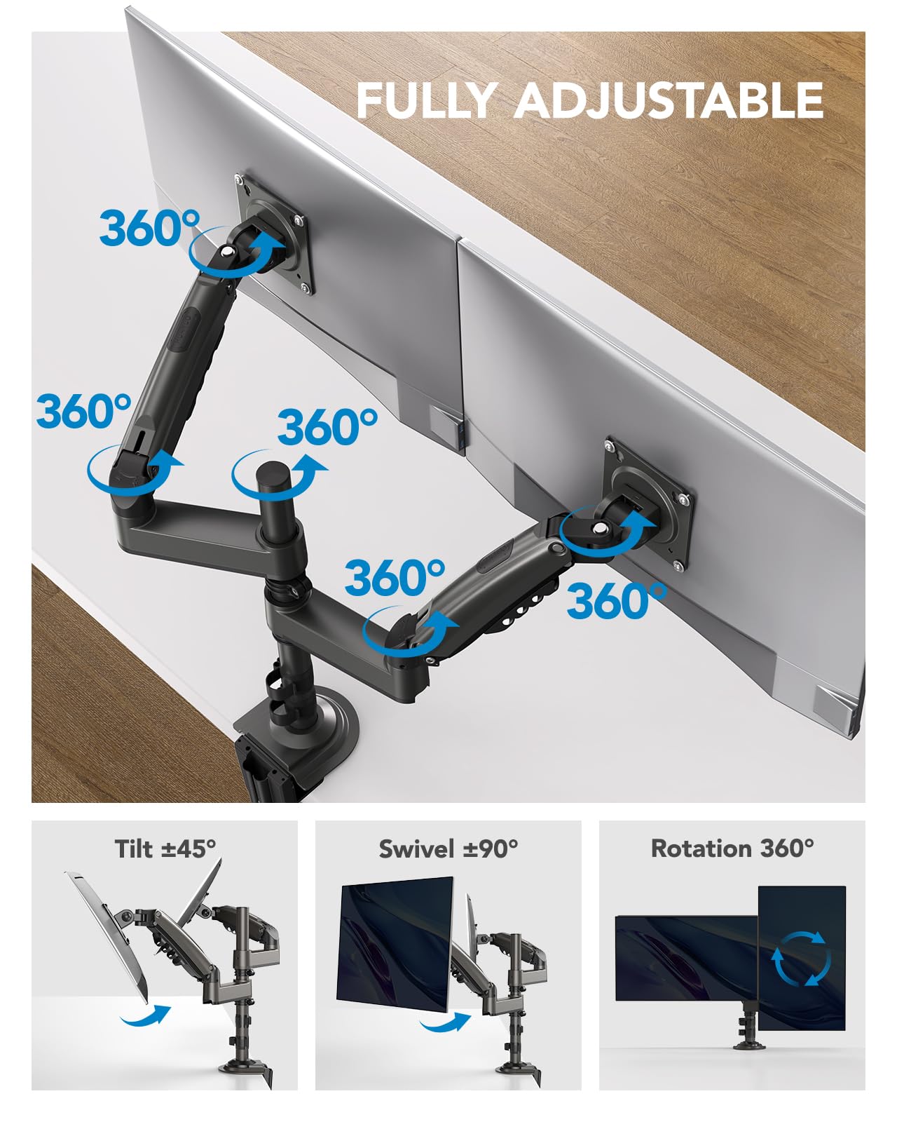 HUANUO 13-32 Inch Dual Monitor Stand with Steel Reinforcement Plate - Heavy Duty Monitor Mount for Thin, Glass & Fragile Desktops - Perfect for Home Office & Gaming Setup