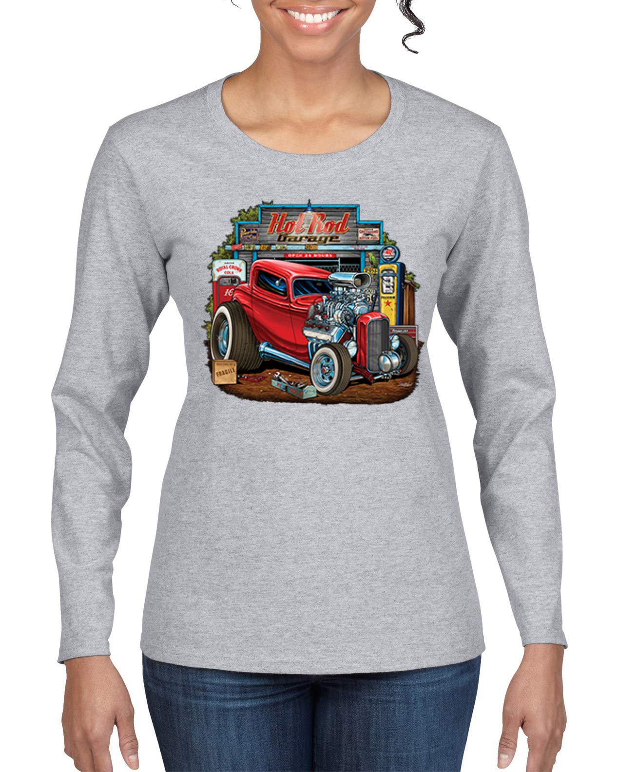 Vintage Hot Rod Old Garage Cars & Trucks Women's Graphic Long Sleeve T-Shirt - Retro Automotive Tee for Casual Wear, Car Enthusiast Outfits & Vintage Style Fashion