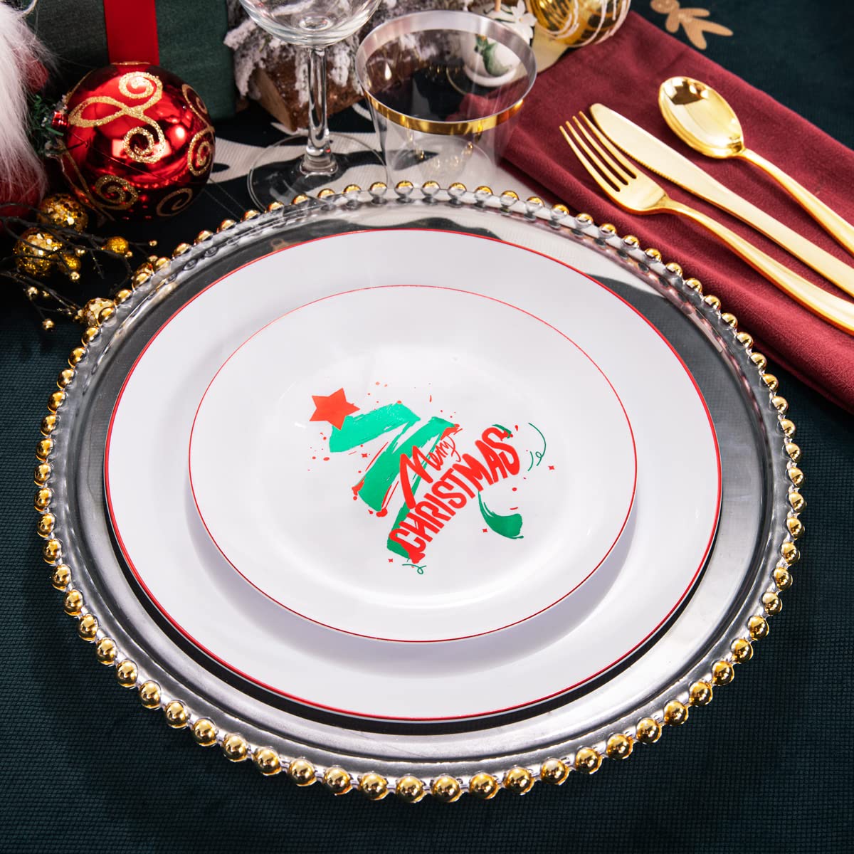 KIRE 25-Pack Christmas Party Plates Set - White & Green Tree Plastic Dinner Plates, Gold Disposable Cutlery & Clear Gold Cups for Holiday Gatherings, Family Dinners & Festive Celebrations