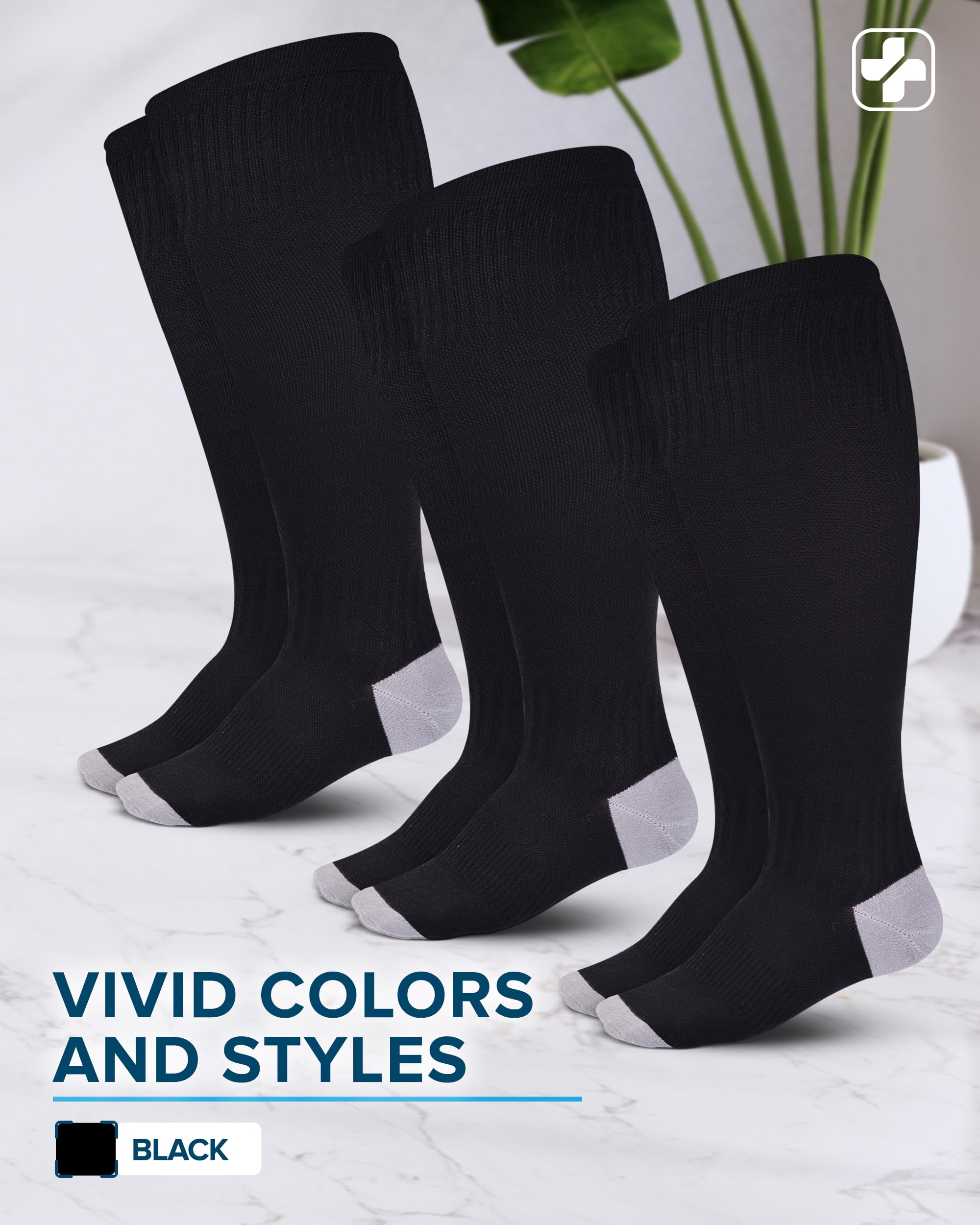 Doctor's Select 3 Pairs Plus Size Compression Socks - Wide Calf Bamboo Viscose Knee High Socks for Women & Men | Extra Support for Swelling, Varicose Veins & Circulation | Perfect for Nurses, Travel & Recovery