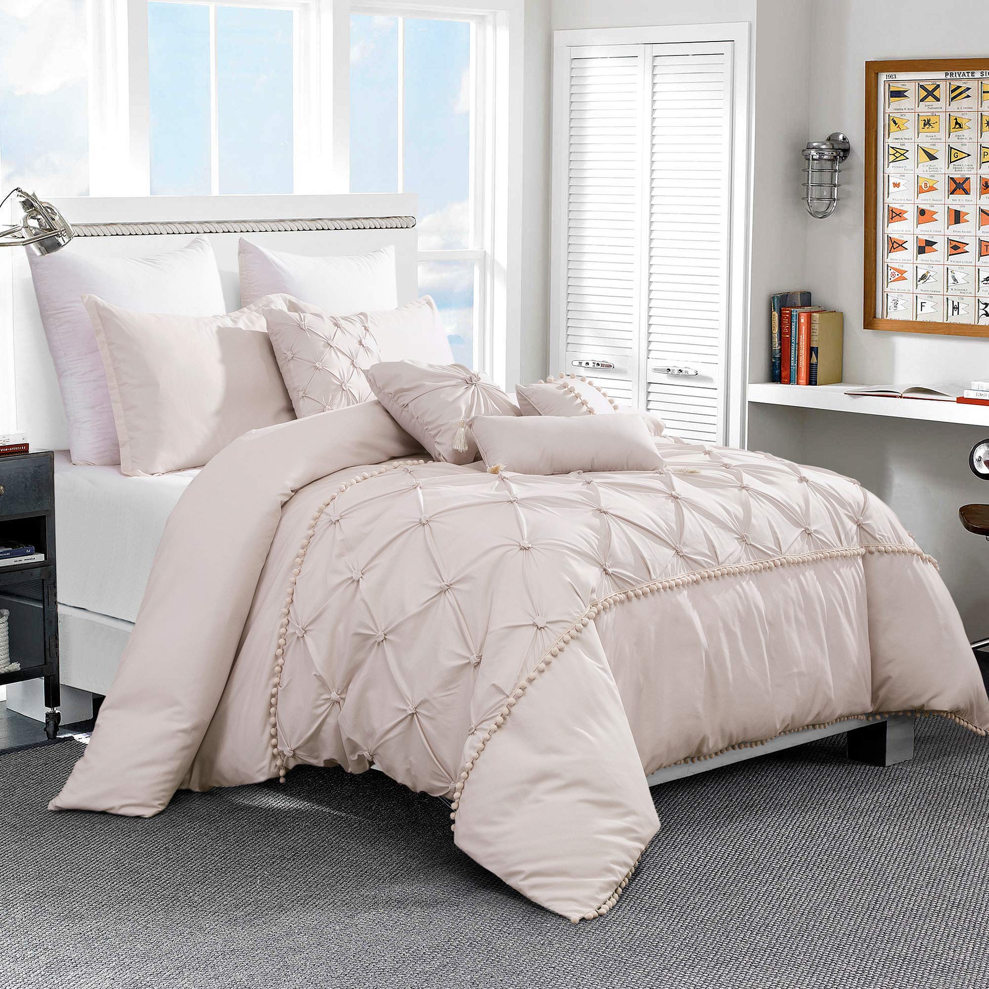 LinenTopia 7-Piece King/Cal-King Comforter Set with Cushion - Pinch Pleat Pintuck Design, Soft Bed Cover & Bed in a Bag (21912, K/CK, Pink) - Perfect for Master Bedroom, Guest Room & Luxury Hotel Decor