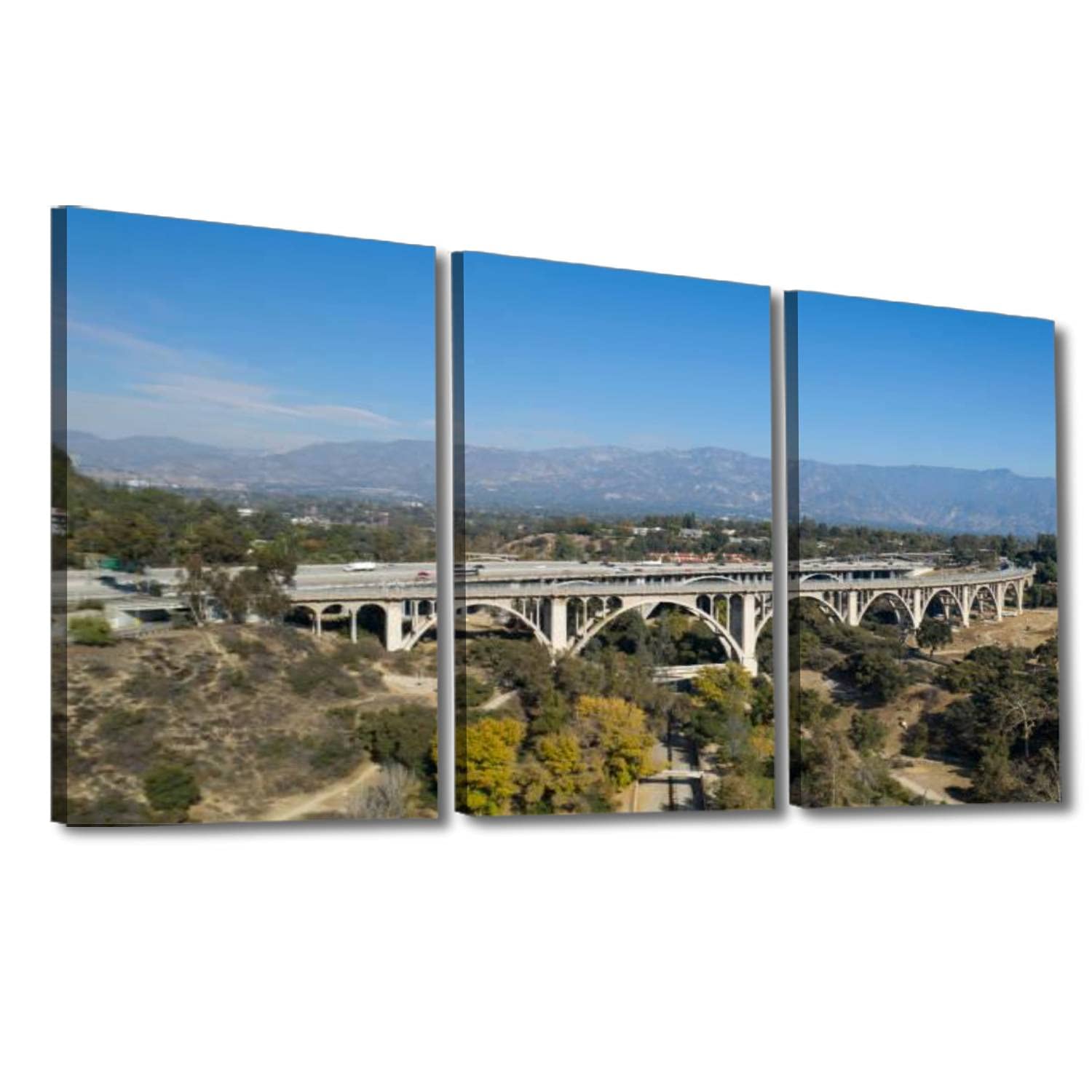Colorado Bridge & 134 Freeway Pasadena Canvas Print - Framed Wall Art Painting, Aerial View Landscape Picture, Ready to Hang Home Decor for Living Room, Bedroom & Office