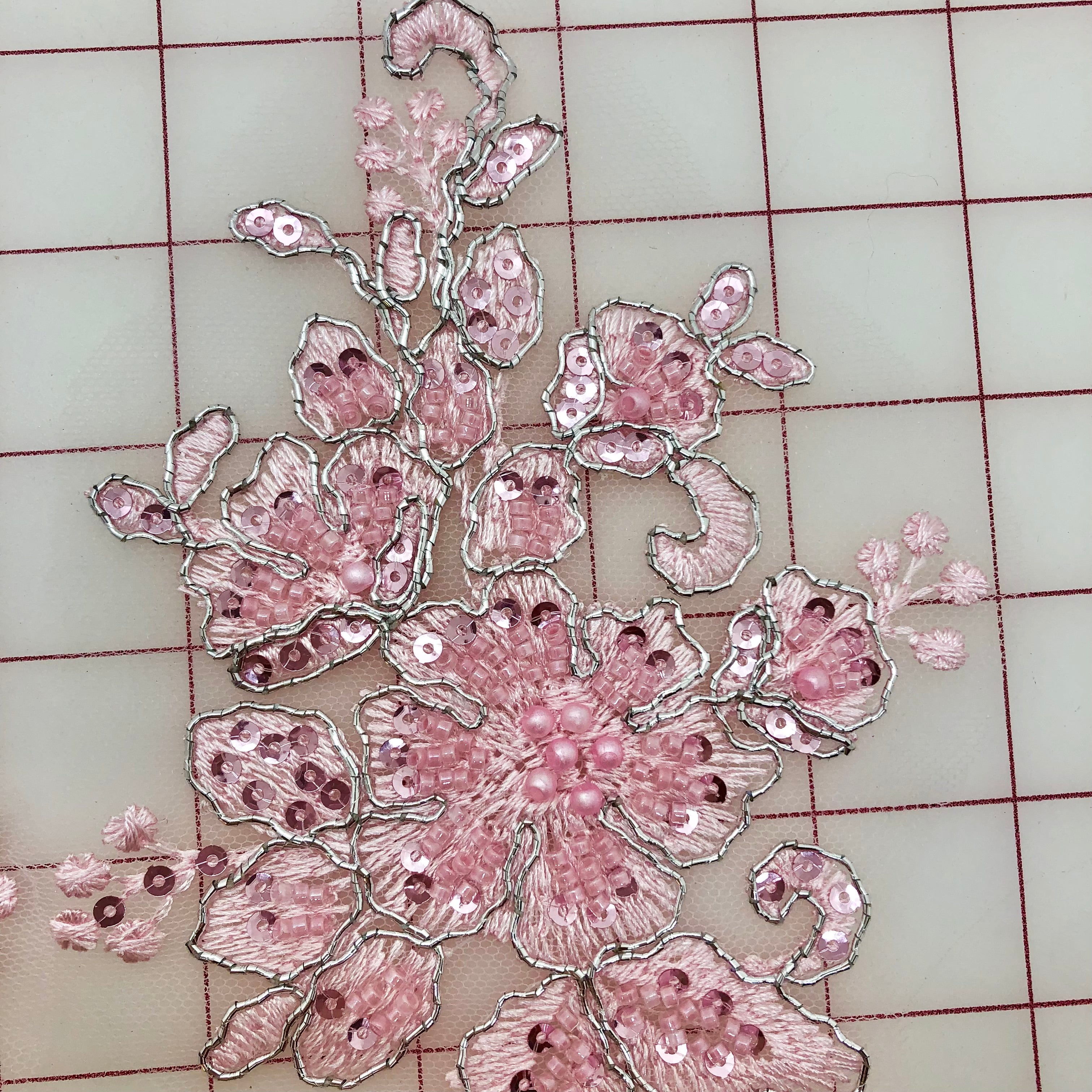 Elegant Beaded and Sequined Applique - Pink & Silver Corded Motif Pairs for DIY Crafts, Wedding Decor, and Costume Embellishment