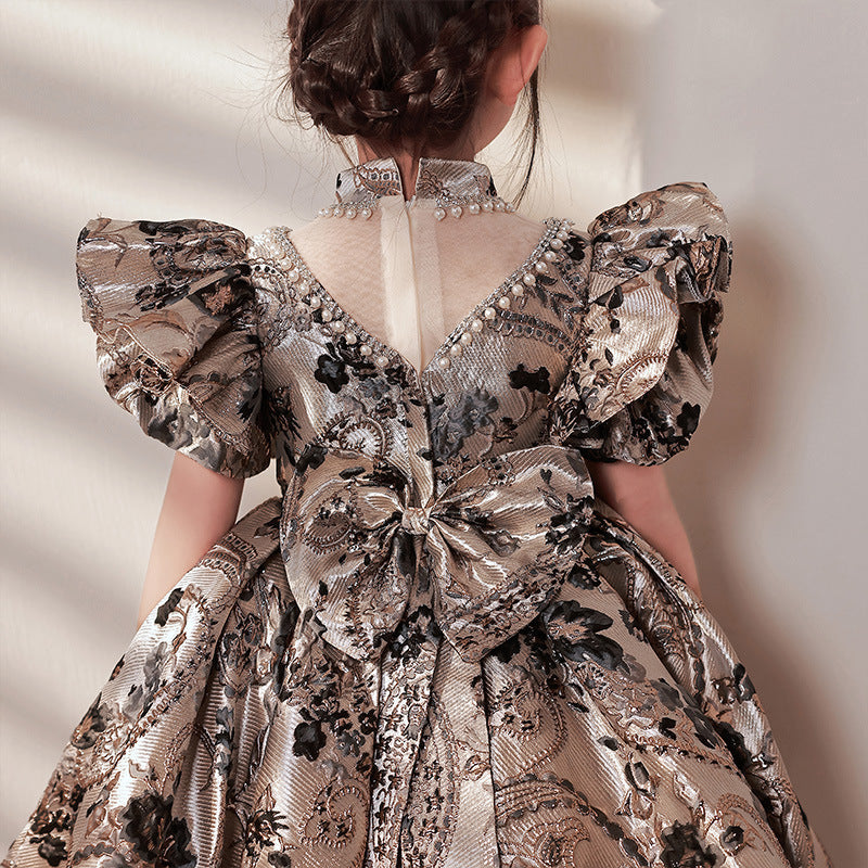 Elegant Silver Beaded Satin Princess Dress with Puff Sleeves - Perfect for Birthday Parties, Pageants & Special Occasions