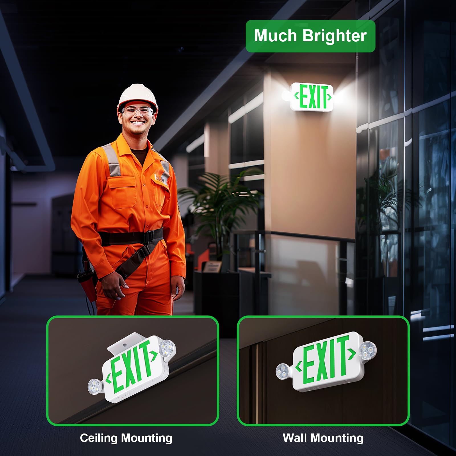 UL Listed Emergency Exit Sign Light Combo with Battery Backup - 6 LED Double Sided Hardwired, Adjustable Green Lighting for Ceiling/Wall Mount (AC 120/277V, 4 Pack) - Perfect for Commercial Buildings, Warehouses & Public Safety Areas