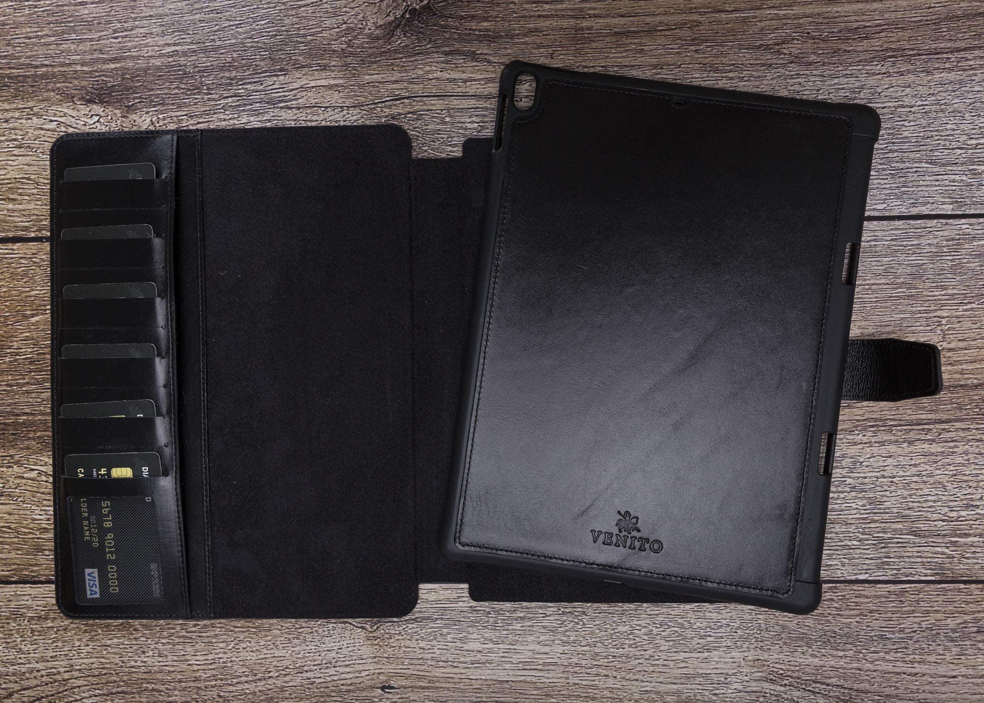 Venito Parma Genuine Leather iPad Case - Compatible with iPad Air 10.5 (3rd Gen 2019) & iPad Pro 10.5 (2nd Gen 2017) - Handmade Folio Stand Cover with Card Slots - Rustic Black - Perfect for Work, Travel & Daily Use