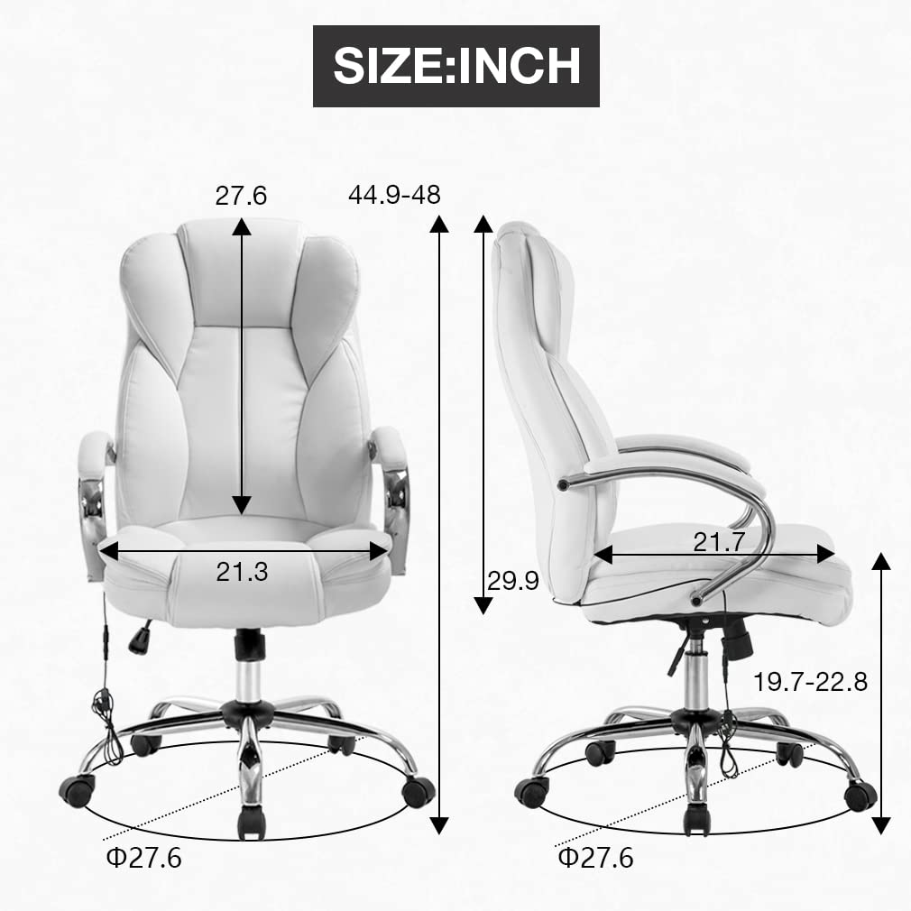 Adjustable High Back Ergonomic Office Chair with PU Leather & Lumbar Support - Executive Computer Task Chair with Massage & Swivel Wheels for Home Office - Perfect for Long Work Hours & Video Conferencing (White)