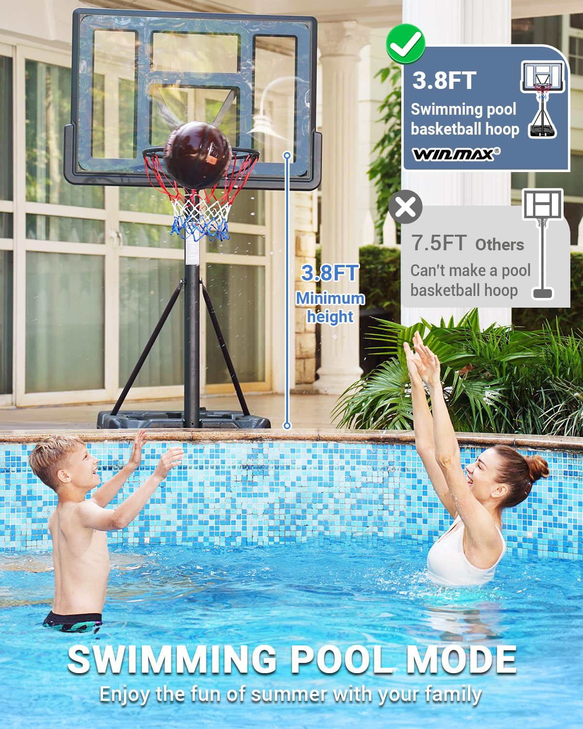 WIN.MAX Adjustable Basketball Hoop 3.8-10ft Height, 44 Inch Backboard - Portable Outdoor/Indoor Basketball Goal System for Kids & Adults - Perfect for Driveway, Backyard, Pool & Gym Use