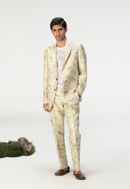 Classic Silk Brocade Trousers in Ivory - Elegant Formal Pants for Weddings & Special Occasions