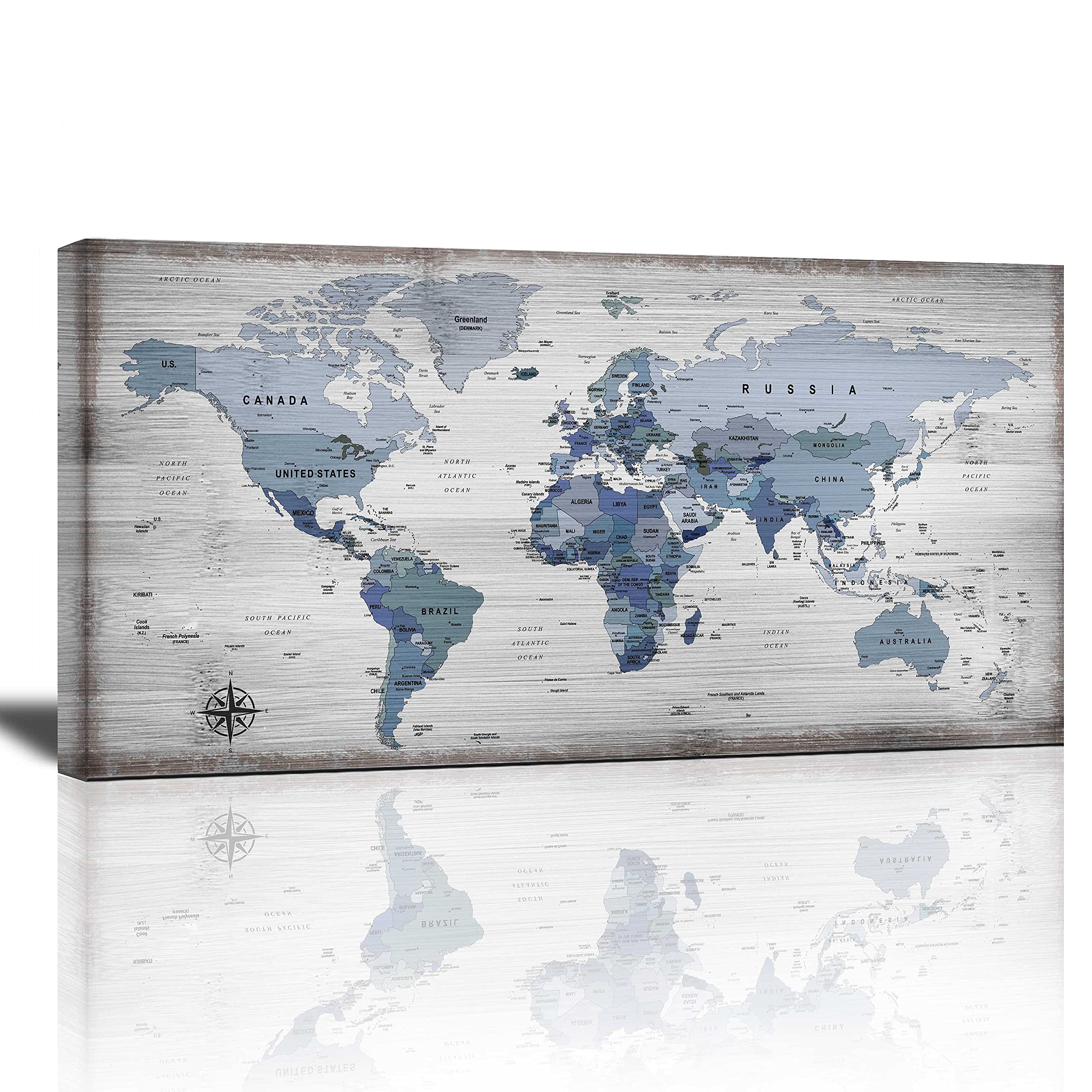 Vintage World Map Canvas Wall Art - Framed Nautical Decor Poster for Office & Home - Blue & White Modern Map Artwork Ready to Hang | Perfect for Living Room, Bedroom, Study & Office Decor