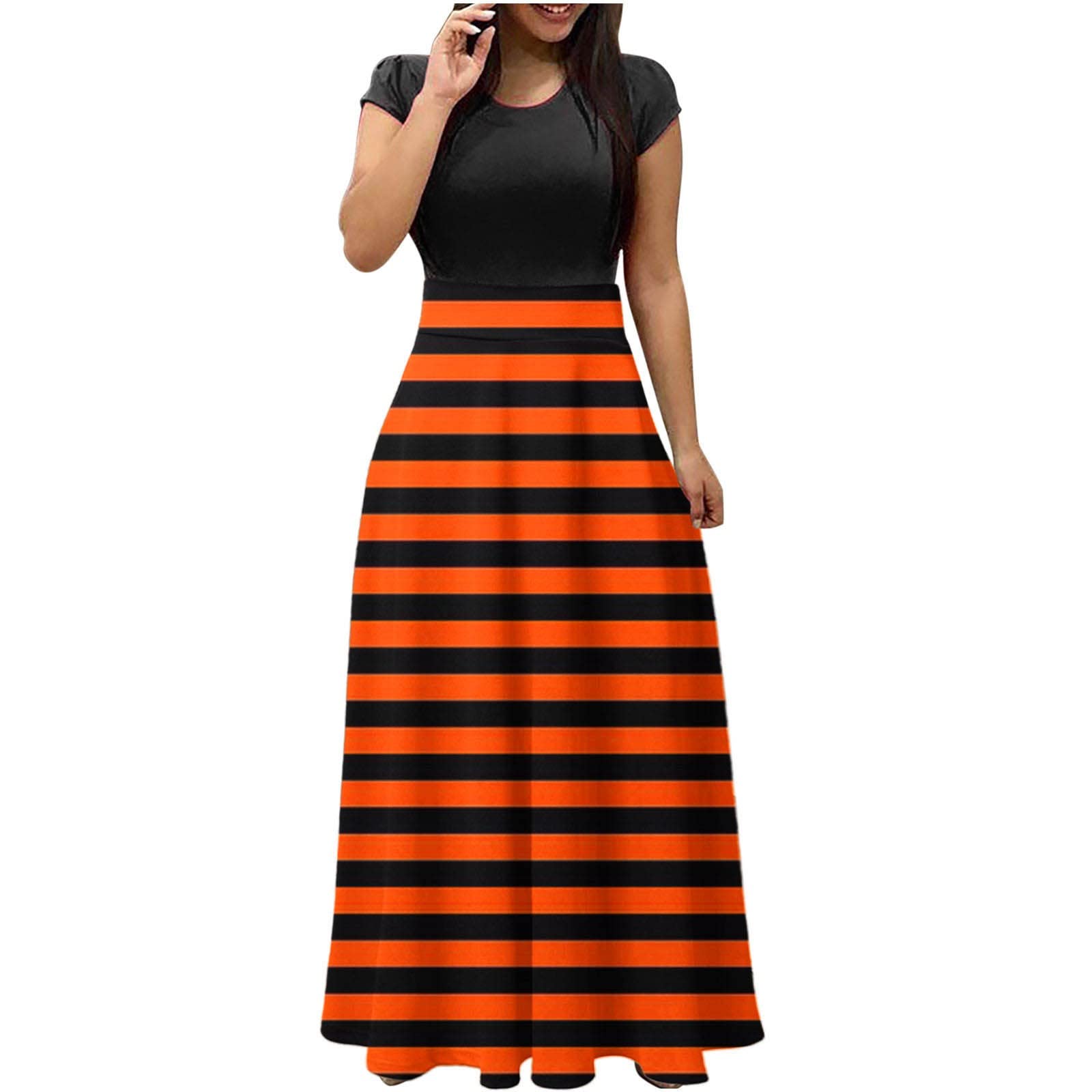 Women's Long Halloween Pumpkin Print Maxi Dress - Summer Casual Short Sleeve A-Line Sundress for Beach, Party & Fall Festivals