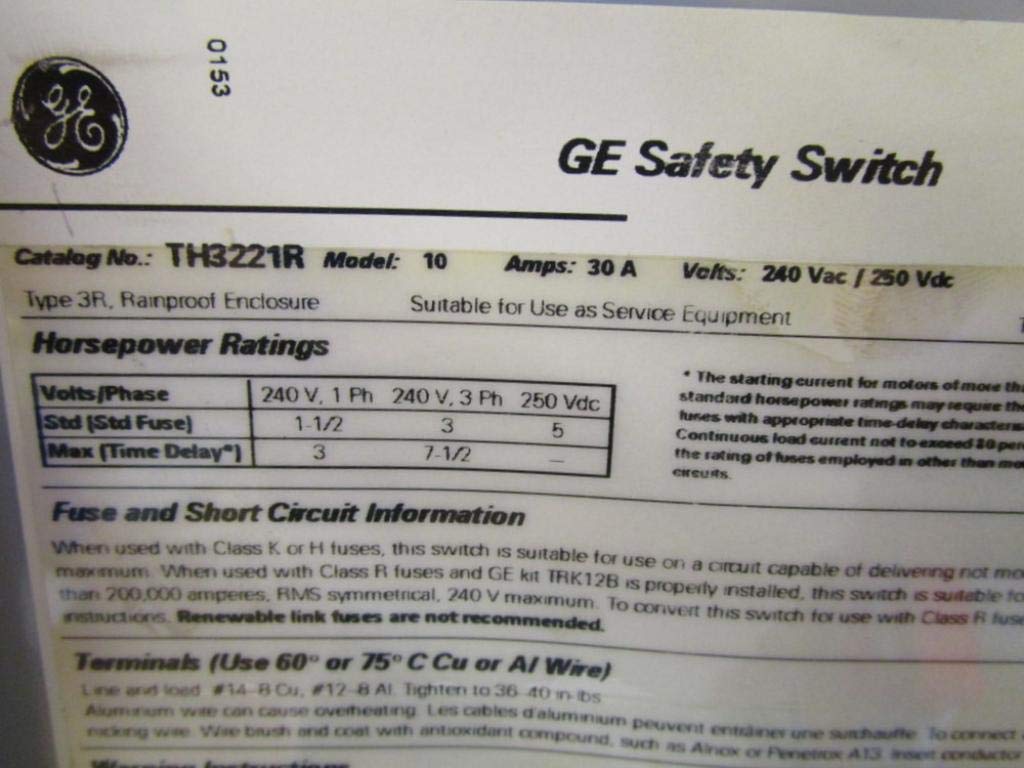 GE TH3221R Safety Switch - Heavy Duty 30 Amp Disconnect for HVAC, Pumps & Appliances | Weatherproof & Durable Outdoor Electrical Switch for Home & Commercial Use
