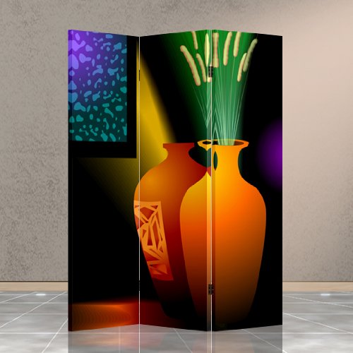 Double Sided Canvas Room Divider with Vase Design - Privacy Screen for Bedroom, Office & Living Room | Home Decor Partition Wall