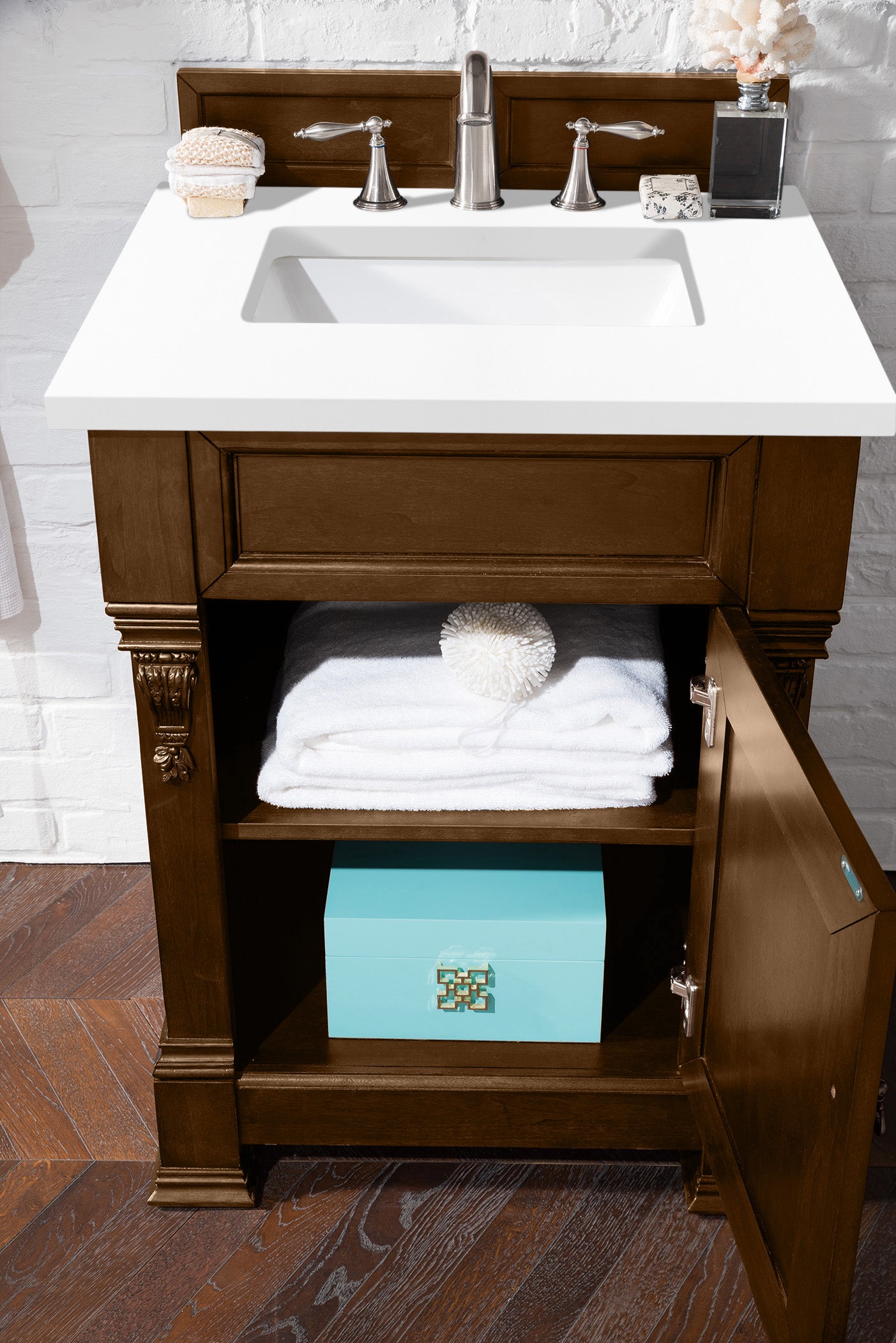 Brookfield 26 Inch Single Bathroom Vanity Set with Country Oak Finish & 3CM Classic White Quartz Countertop - Perfect for Modern Farmhouse, Rustic, or Traditional Bathroom Designs