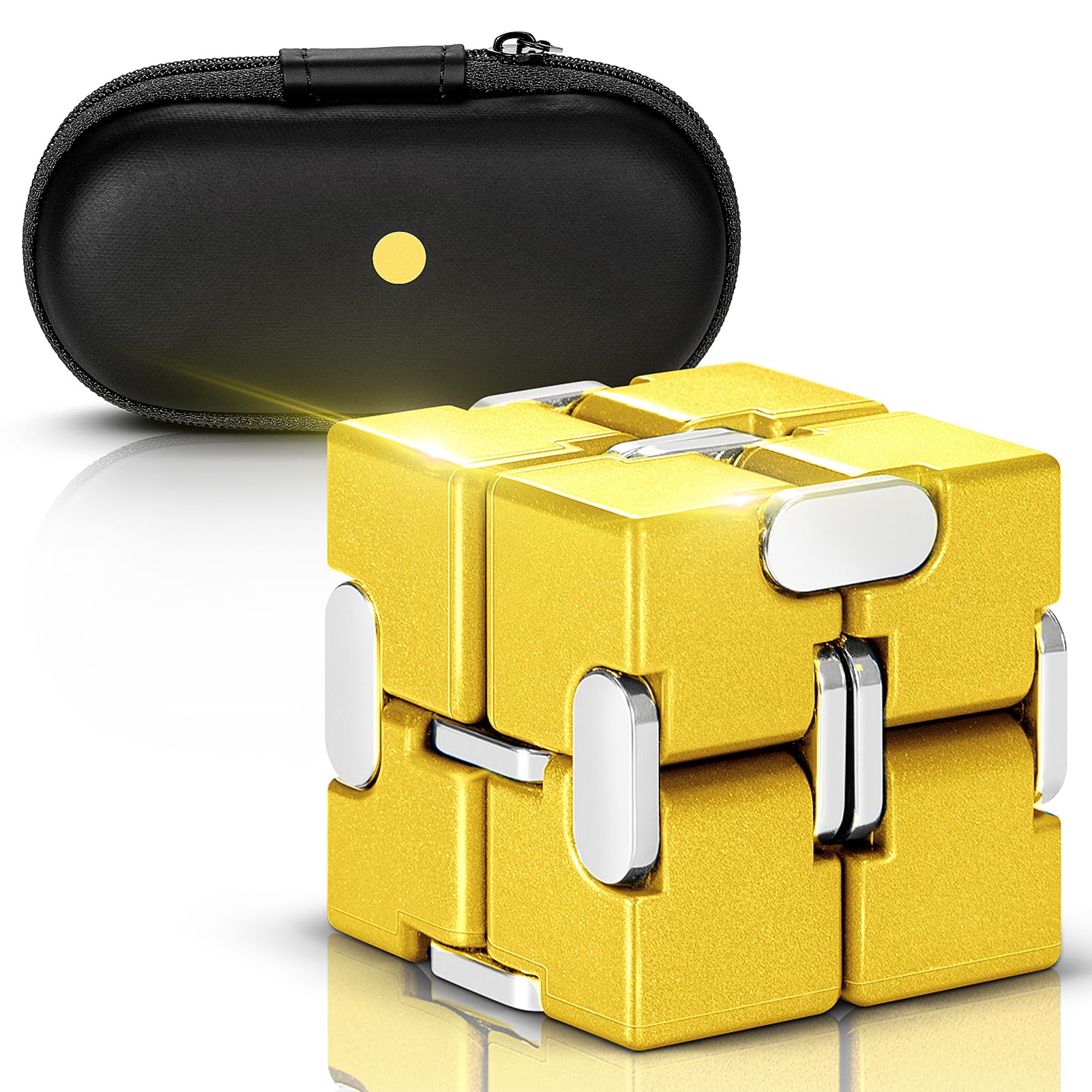 Metal Infinity Cube Fidget Toy - Punk Style Zinc Alloy Stress Relief Desk Gadget for Adults with Durable Case | Anxiety Relief, Office Focus Tool & Cool Gift for Gamers (Yellow)