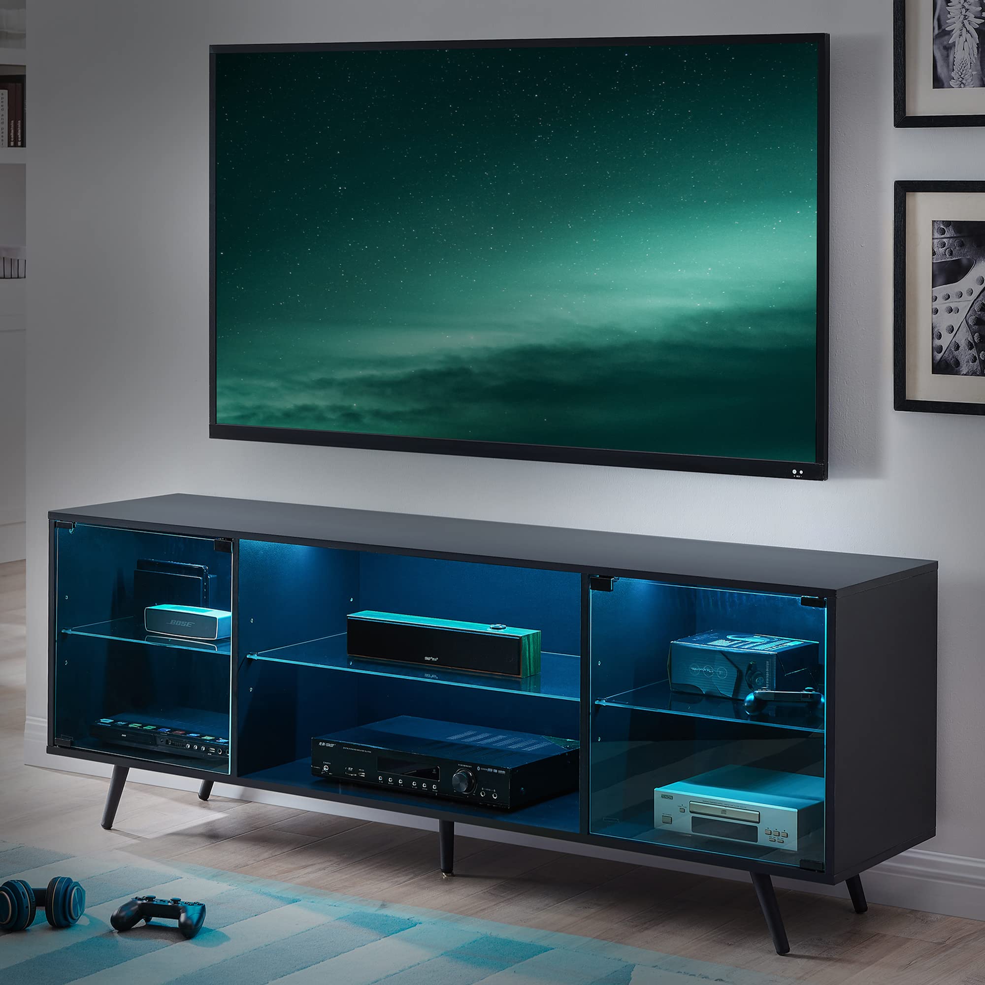 OKD Modern TV Stand for 75 Inch TV with LED Lights - Gaming & Entertainment Center Media Console with Magnetic Door & Adjustable Shelves - Fits TVs up to 65+ Inches - Black - Perfect for Living Room, Home Theater & Gaming Setup
