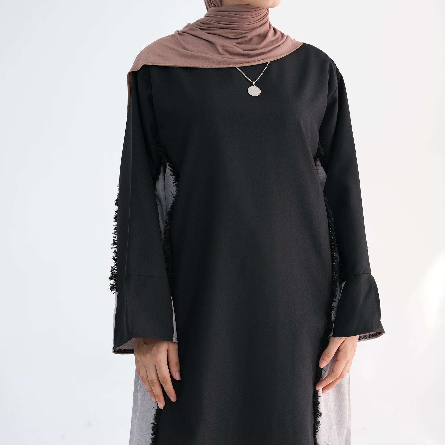 Blair Fringe Abaya Dress - Elegant Black Muslim Abaya with Decorative Fringe | Perfect for Prayer, Mosque, and Special Occasions