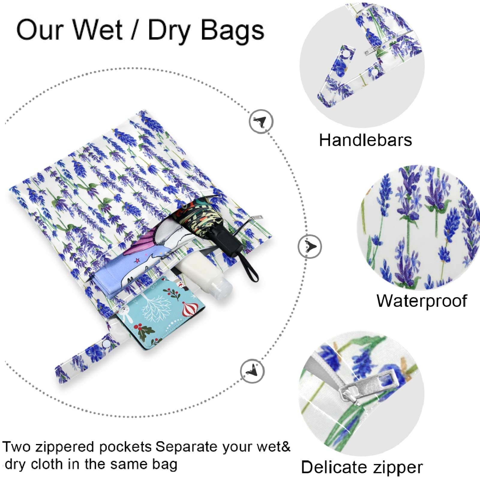 Visesunny 2-Pack Purple Lavender Flower Wet Bags with Zippered Pockets - Reusable, Washable & Spacious for Travel, Beach, Pool, Gym, Daycare - Perfect for Wet Swimsuits, Dirty Clothes, Diapers & Toiletries - Ideal for Moms, Babies & Active Lifestyles