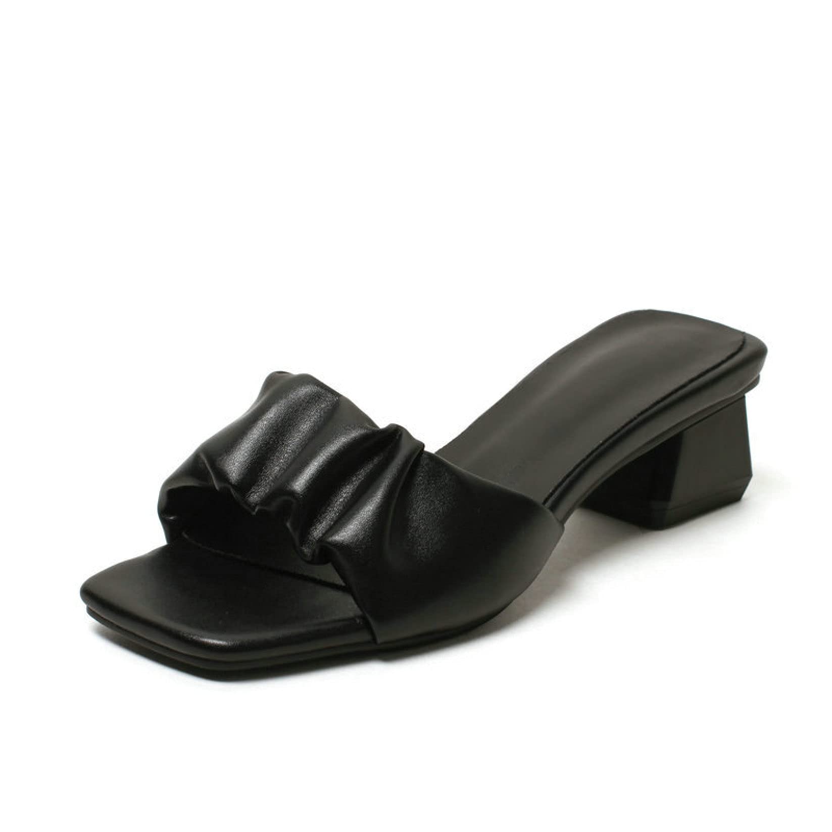 Women's Fashion Ruffle Band Slide Sandals - Square Open Toe Block Low Heel Pumps - Slip On Backless Dress Heeled Sandals for Summer Weddings, Beach Vacations & Casual Outings