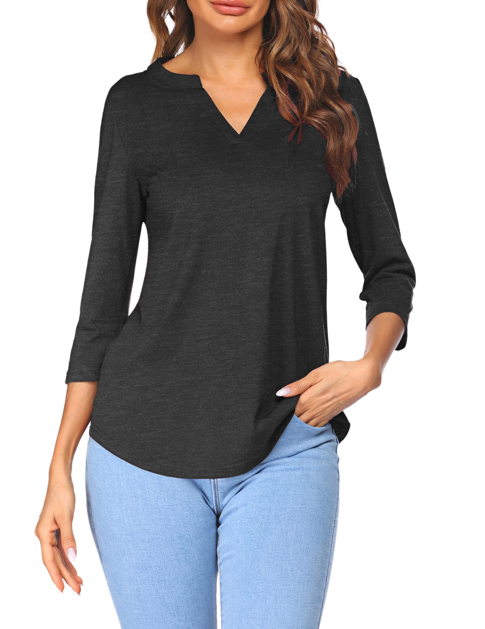 Sherosa Women's 3/4 Sleeve V-Neck Casual Henley Blouse - Soft Work Tops for Office & Everyday Wear - Perfect for Business Casual, Date Night & Weekend Outings