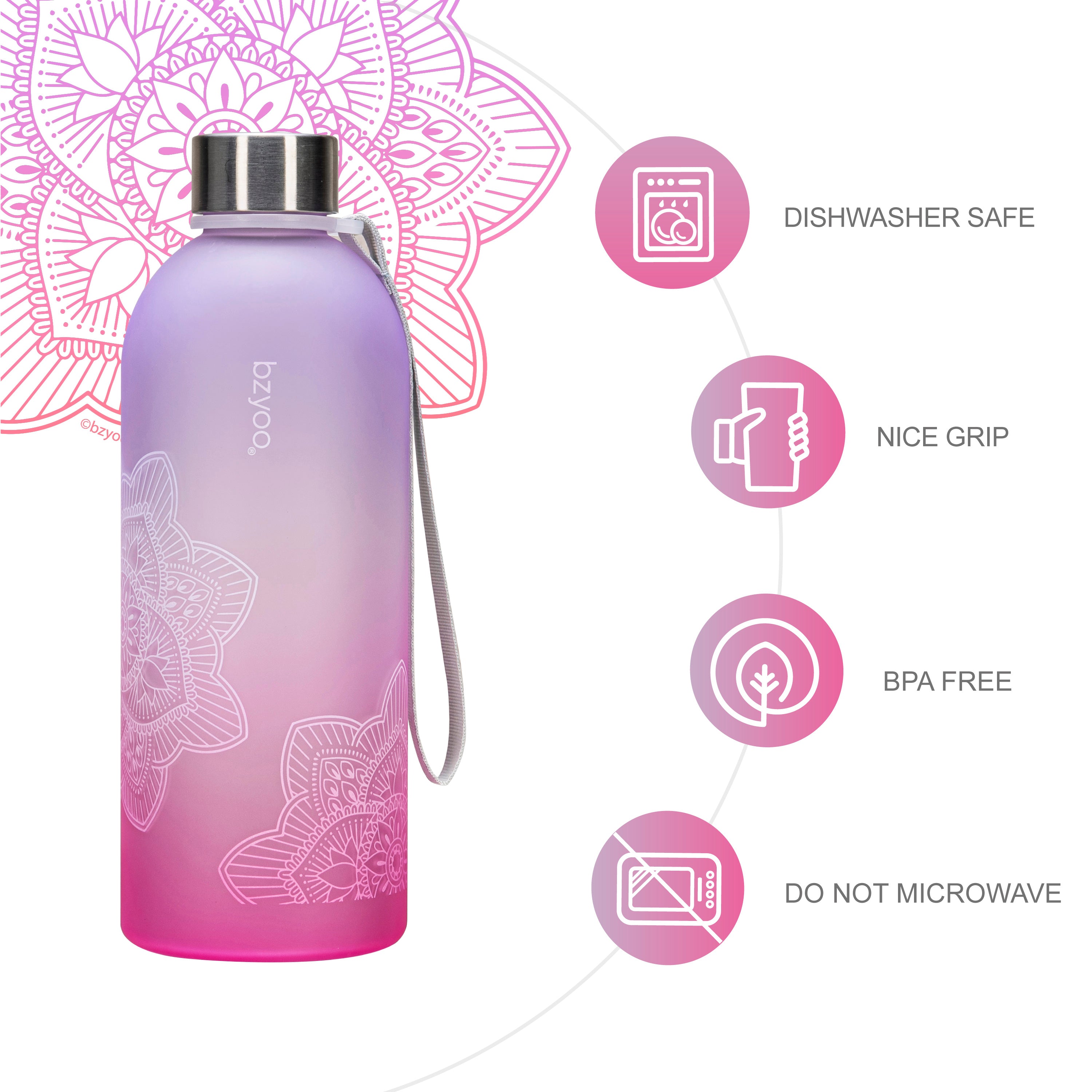32oz La La Mandala Time Marker Tritan Water Bottle with Carrying Strap - Ombre Pink | BPA-Free Leak Proof Sports Water Bottle for Gym, Yoga, Hiking & Outdoor Activities