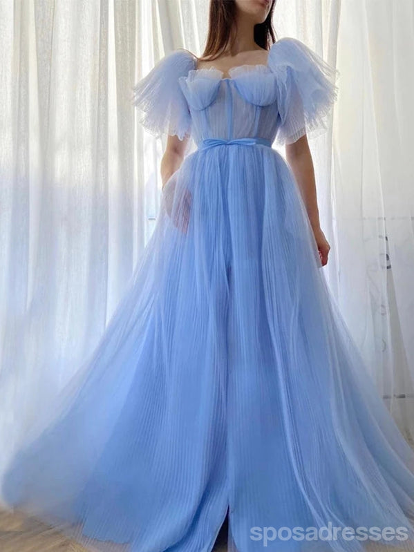 Elegant Blue A-Line Short Sleeve Prom Dress | Affordable Long Evening Party Gown for Women | Perfect for Homecoming, Formal Events & Special Occasions