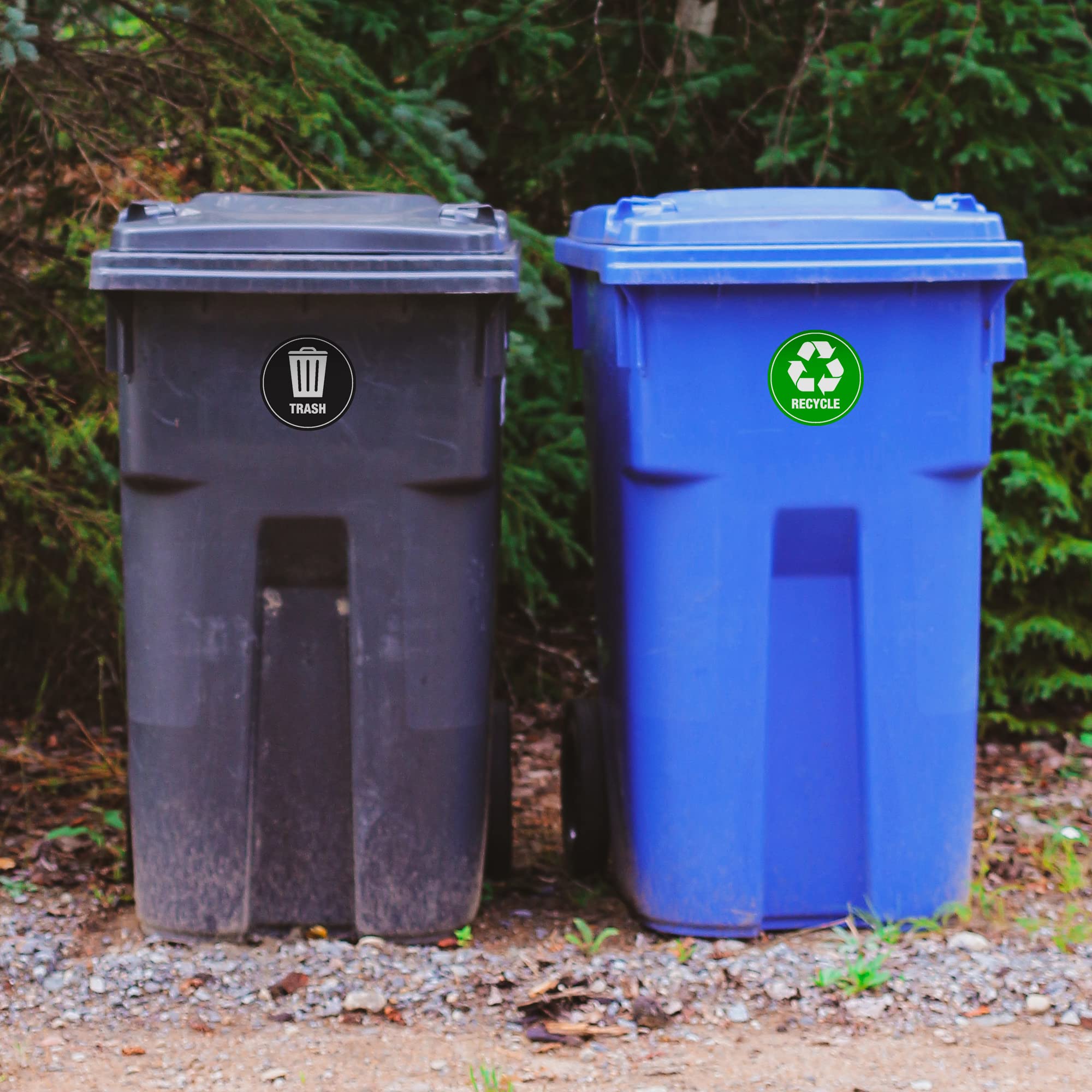 GSM Brands Recycle Trash Labels - Pack of 4 Large Vinyl Stickers with Recycling Symbol & Waste Bin Icon - Perfect for Trash Cans, Recycling Bins & Home Organization