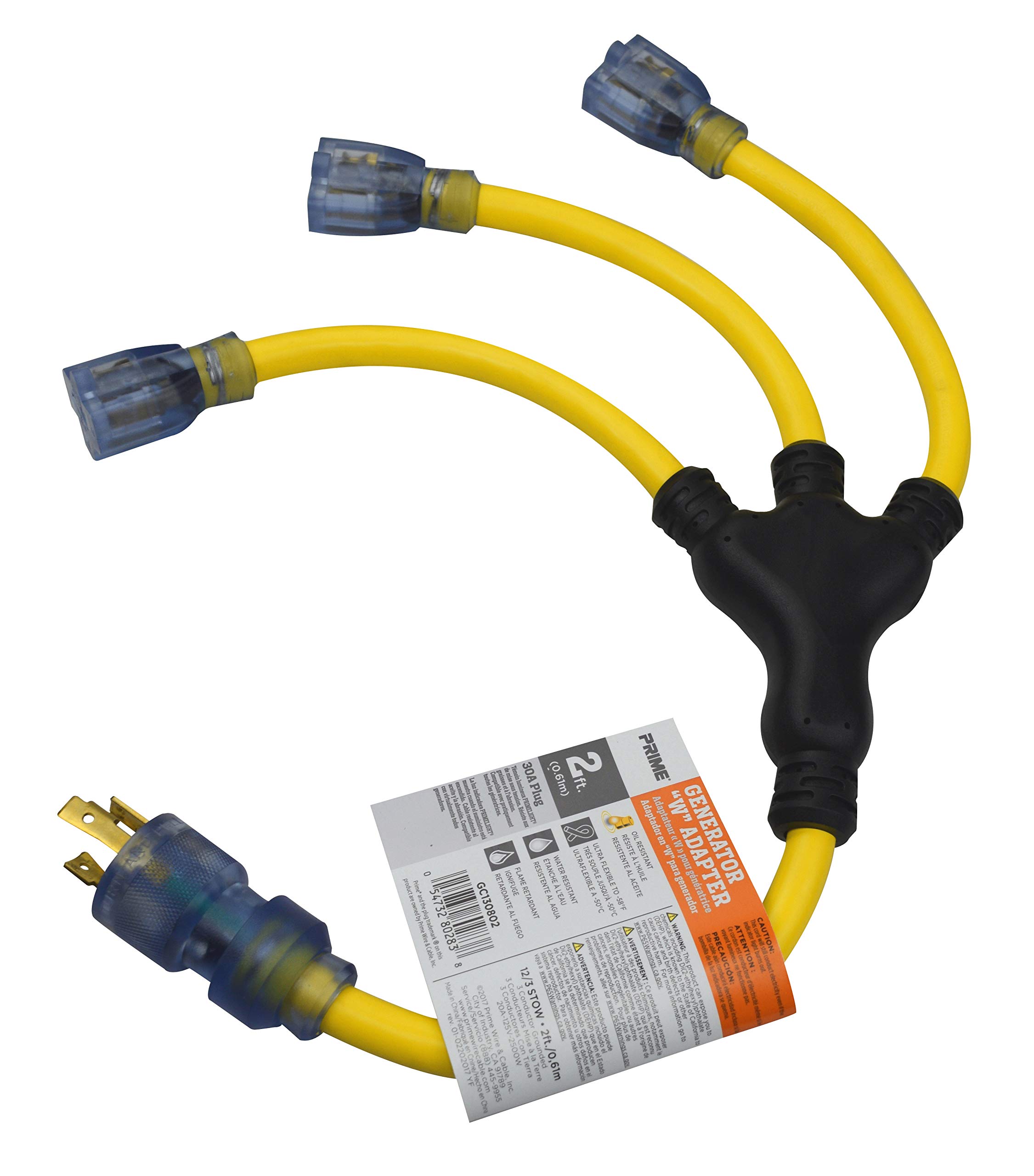 Prime GC130802 Yellow Line Stow Adapter - 30A, 3 12/3 AWG, 2ft Length - Perfect for RV, Marine & Outdoor Power Cable Management