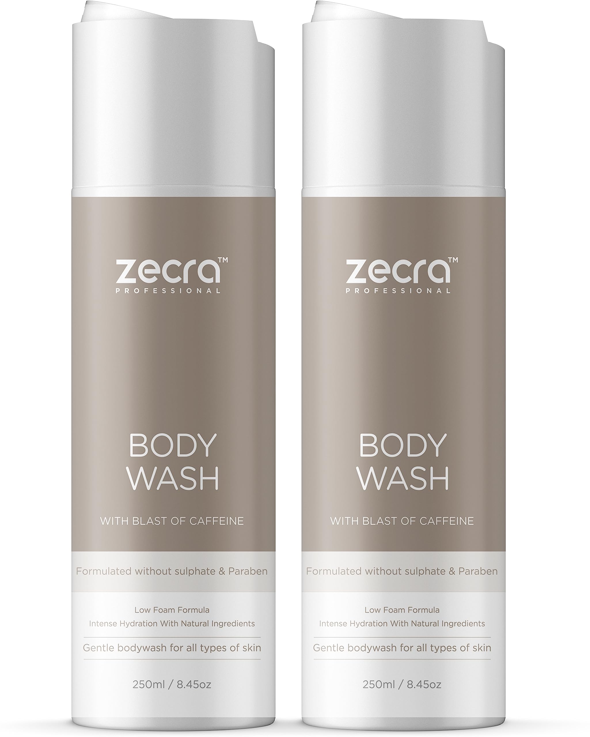 ZECRA PROFESSIONAL Sulfate-Free & Paraben-Free Unisex Body Wash with Caffeine Boost - 250mL (Pack of 2) | Hydrating & Energizing Shower Gel for Men & Women | Perfect for Morning Showers & Post-Workout Refreshment