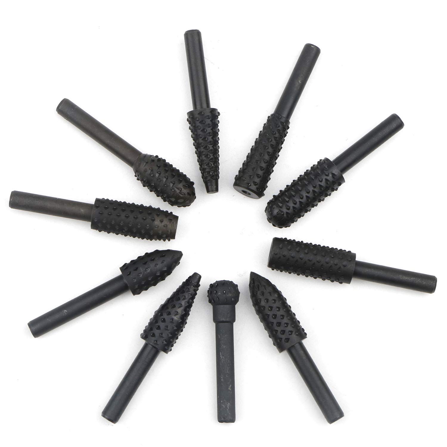 10pcs 6.3mm (1/4 Inch) Shank Rotary Rasp Set - Wood Carving Drill Bits for Dremel, Woodworking & Electrical Tools - Chisel Shaped Rotating Grinding Heads for DIY Projects, Furniture Making & Metal Engraving