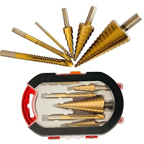 6PCS Titanium Plated Drill Bit Set with Storage Box - Multi-Size Step Drill Bits for Metal, Wood & Plastic - Heavy Duty Step Drill Bit Kit for DIY, Construction & Home Improvement Projects