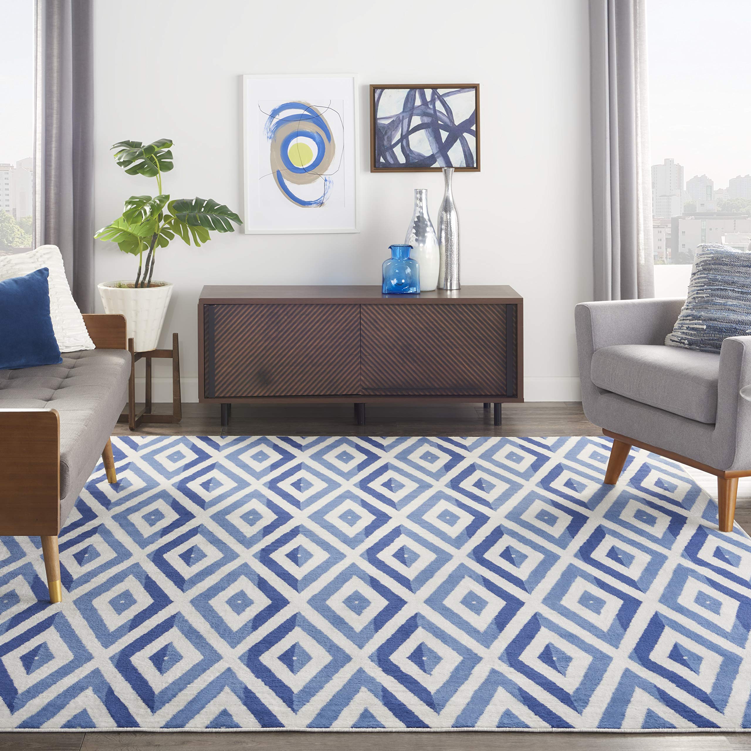 Nourison Whimsicle Diamond Ivory Blue 8' x 10' Area Rug - Easy to Clean, Non-Shedding, Stain Resistant for Bedroom, Living Room, Dining Room & Kitchen | Soft & Durable Indoor Rug for Home Decor (8x10)