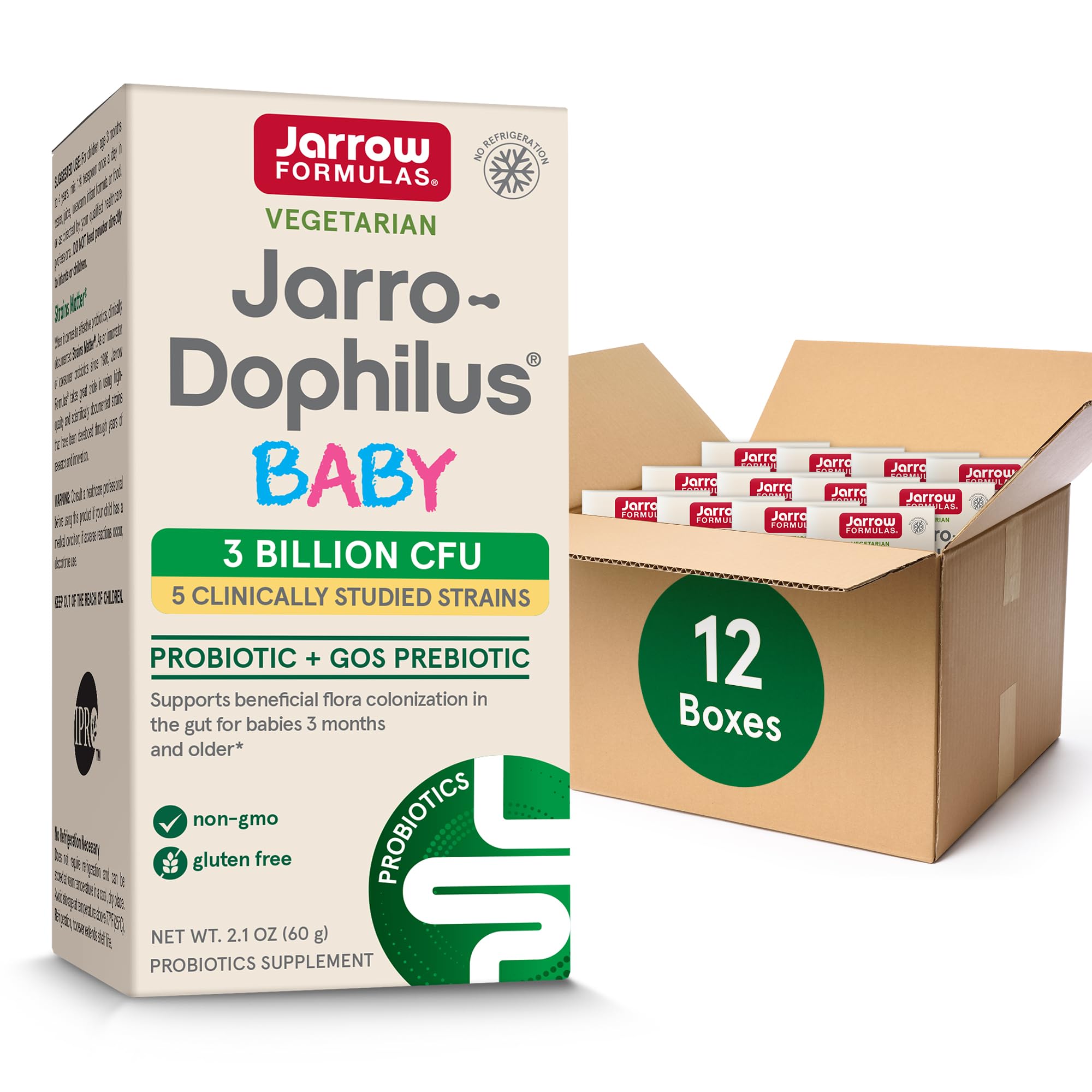 Jarrow Formulas Jarro-Dophilus Baby Probiotic + GOS Prebiotic Powder - 2.1 oz (60 Day Supply) - Gut Health & Immune Support for Infants - Pack of 12 - Ideal for Colic Relief, Digestion & Diaper Rash Prevention