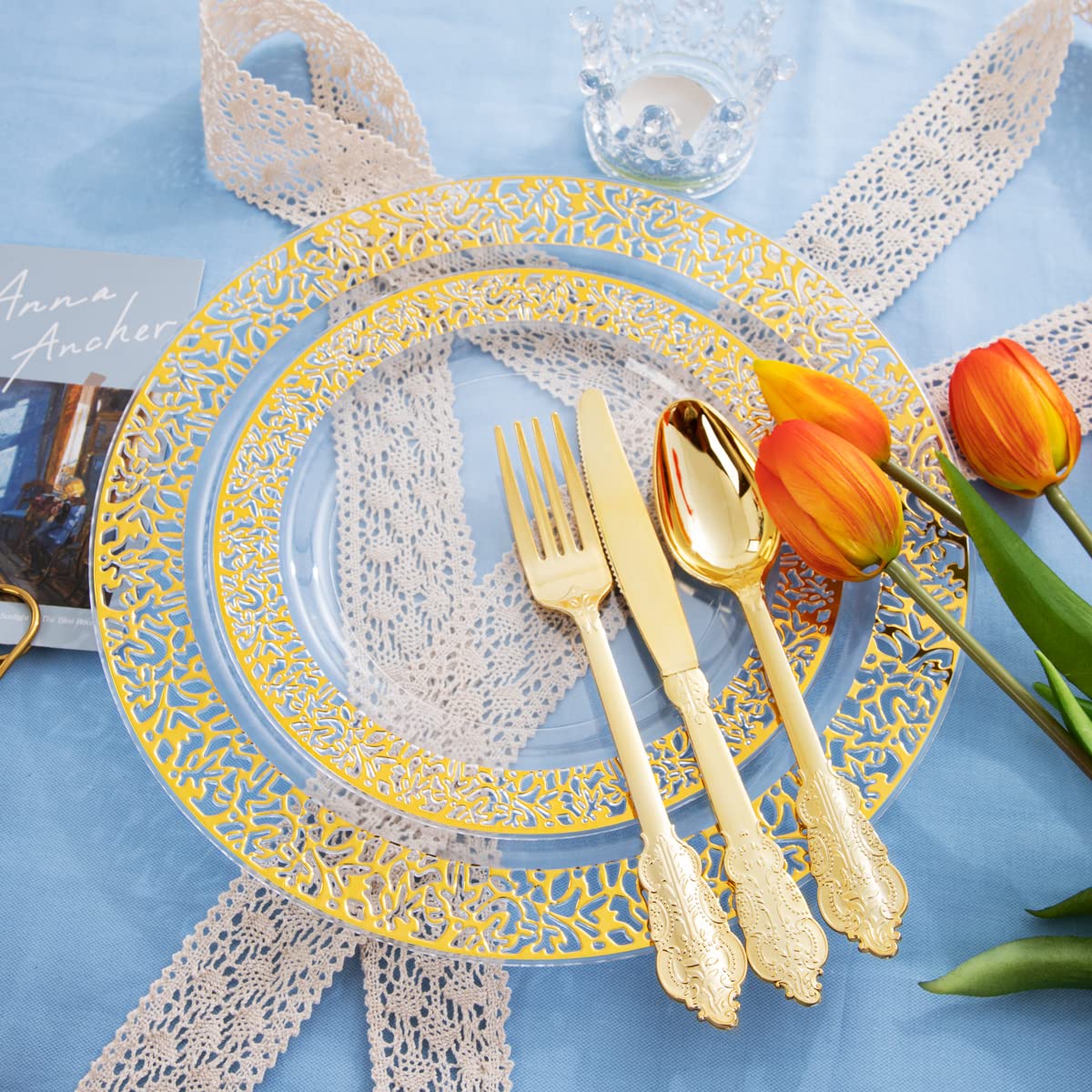 150-Piece Clear Gold Lace Plastic Party Plates Set - 30 Dinner Plates, 30 Dessert Plates & 90 Gold Silverware - Elegant Disposable Tableware for Birthday, Wedding, Anniversary & Holiday Celebrations - Perfect for Indoor/Outdoor Events, Catering & Special Occasions