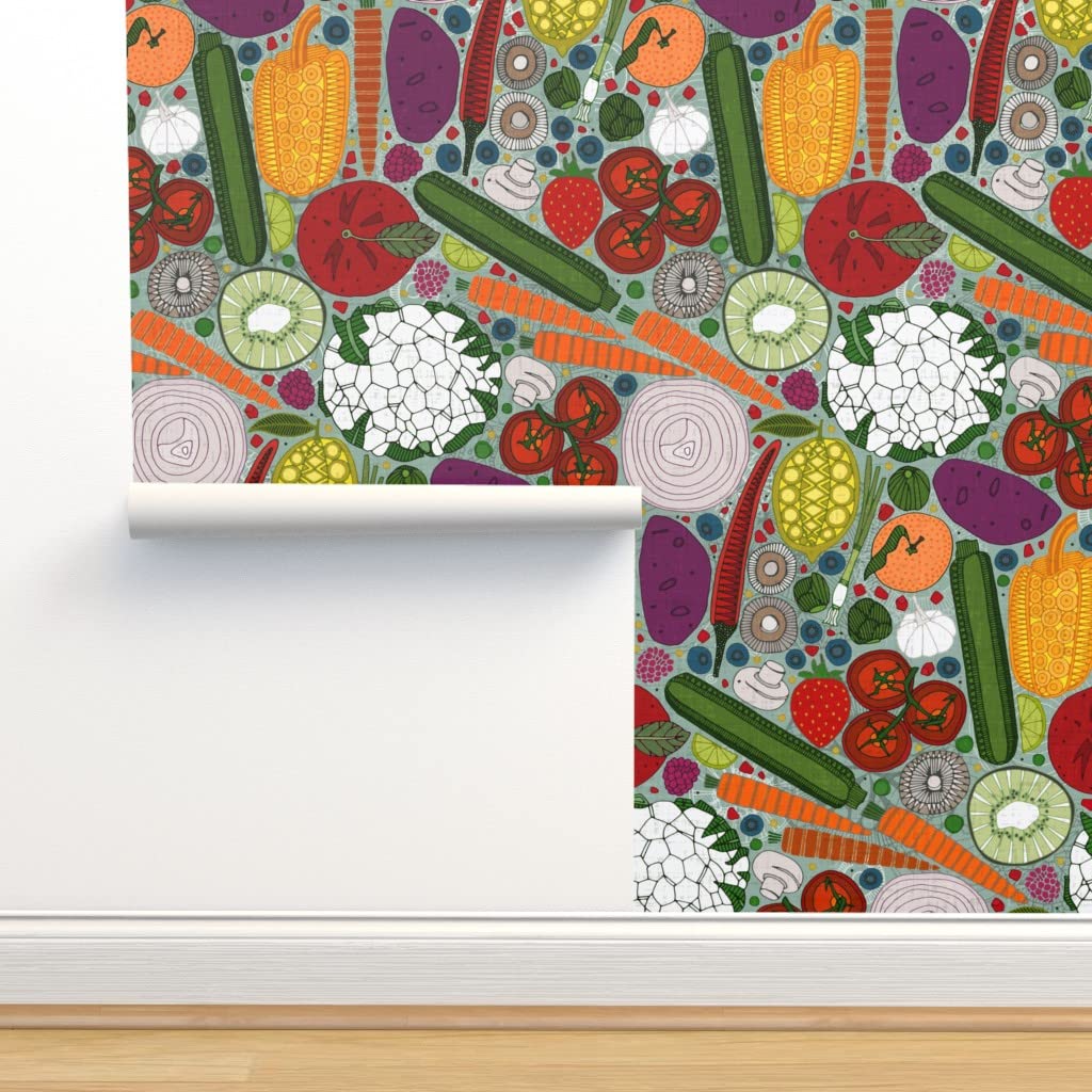 Peel & Stick Removable Wallpaper - 9ft x 2ft Mint Green Vintage Retro Fruit & Vegetable Pattern - Self-Adhesive Kitchen Wall Decor for Home, Dorm, Office | Easy DIY Application & Damage-Free Removal