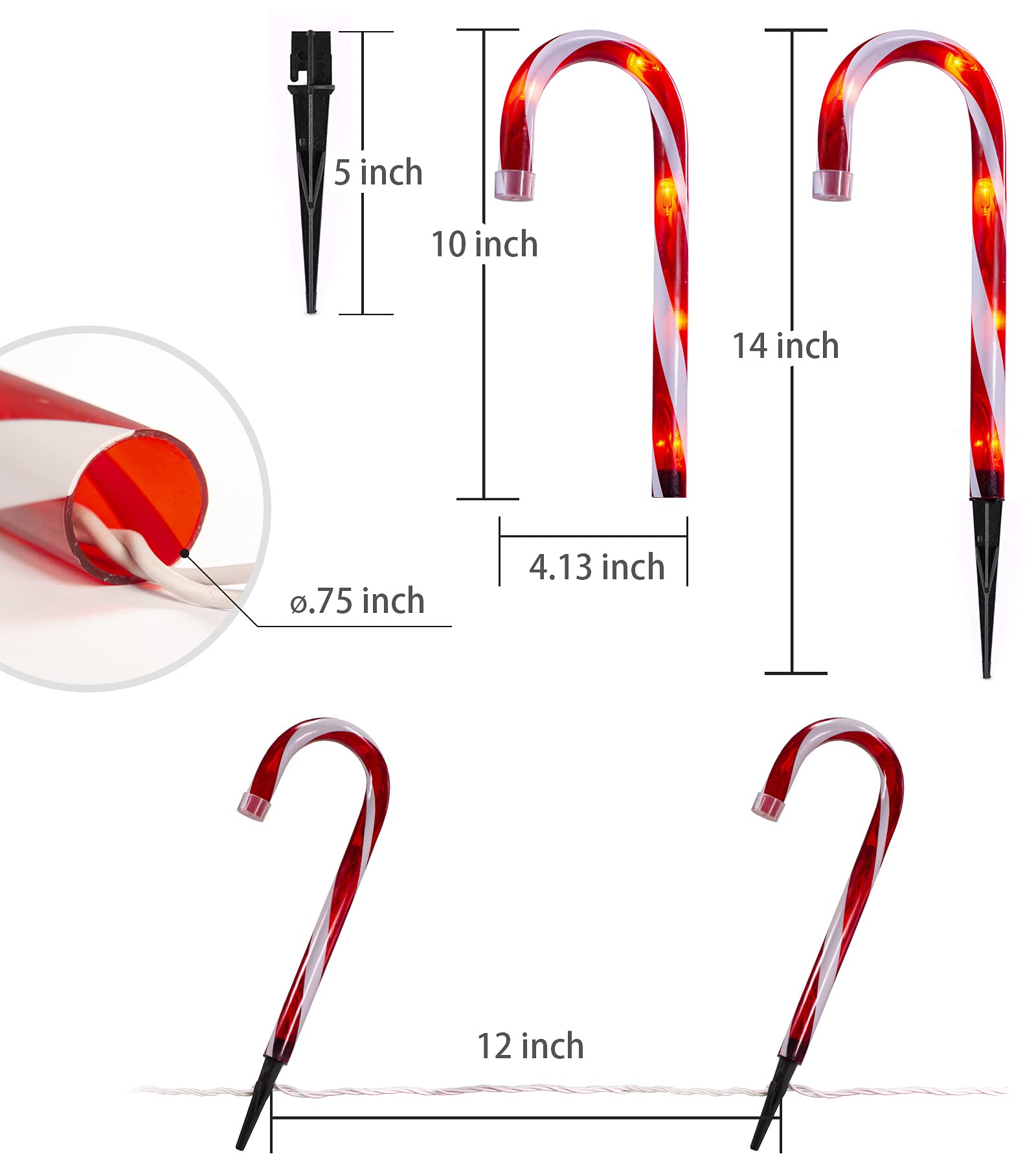 10 Inch Candy Cane Lights - Set of 10 Outdoor Christmas Pathway Decorations with LED Lights | Waterproof Holiday Yard Decor for Driveway, Garden & Front Porch