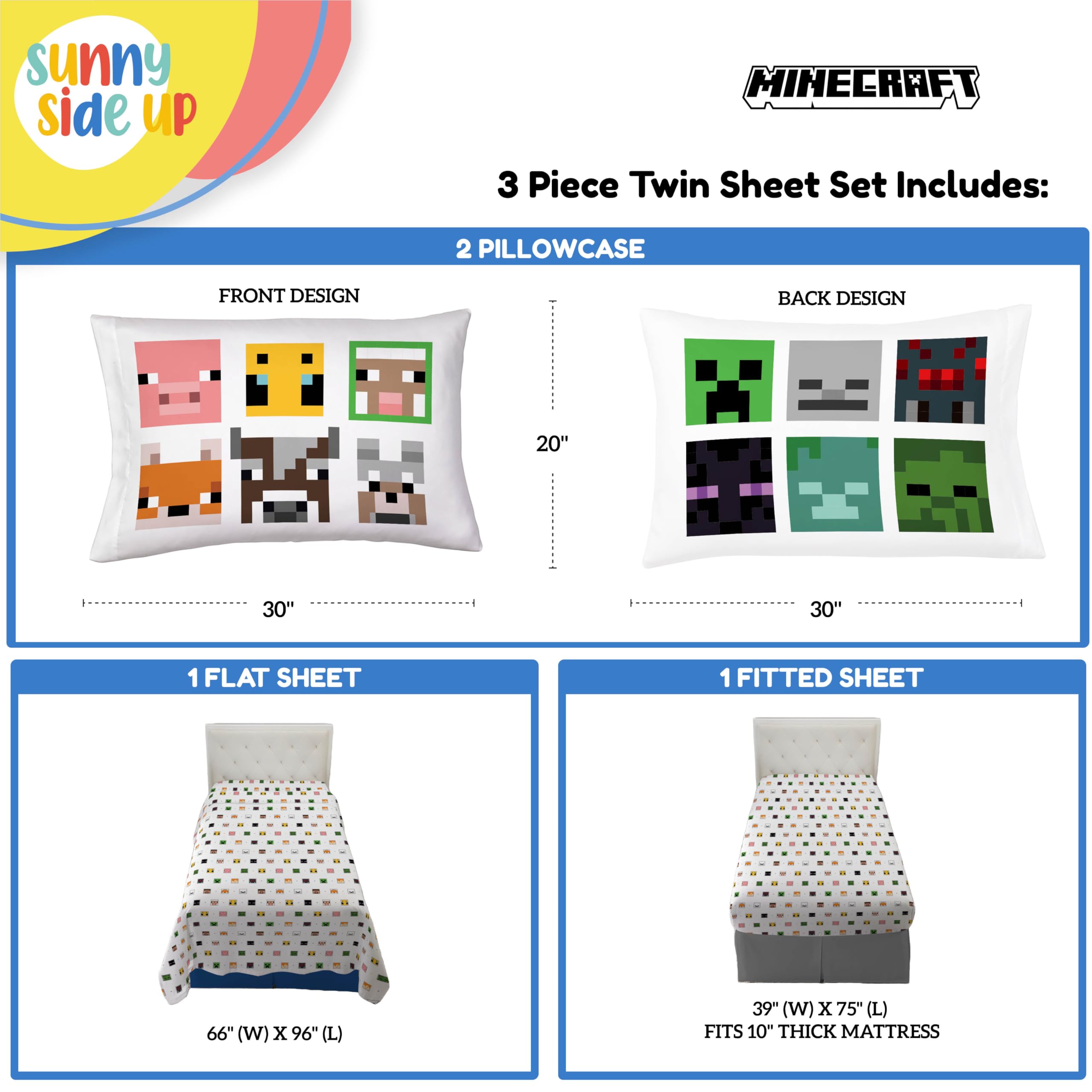 Minecraft Creeper & Animals Twin Sheet Set for Kids - 3 Piece Soft Microfiber Bedding Set with Pillowcase - Perfect for Boys & Girls Room Decor, Birthday Gifts & Sleepovers