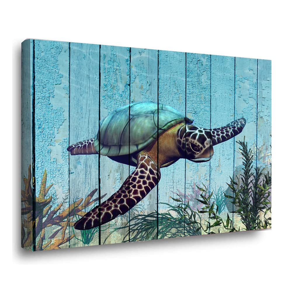 Framed Watercolor Turtle Sea Creatures Canvas Wall Art - Nautical Bathroom Decor, Stretched & Framed for Home, Bedroom, Living Room (60x80cm/24x32in) - Perfect for Beach House, Coastal Theme or Ocean Lover's Gift