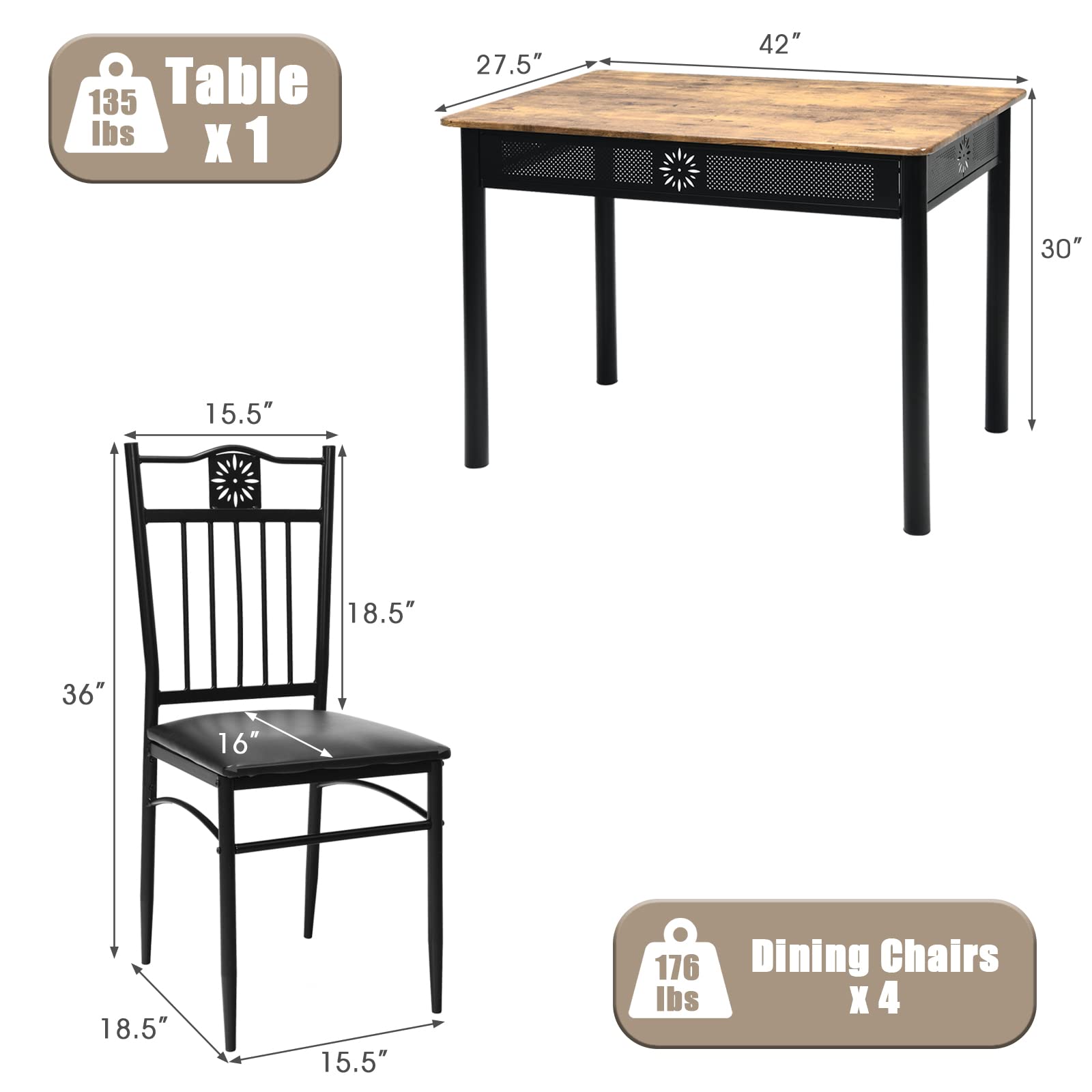 COSTWAY 5-Piece Modern Dining Table Set for 4 People - 42