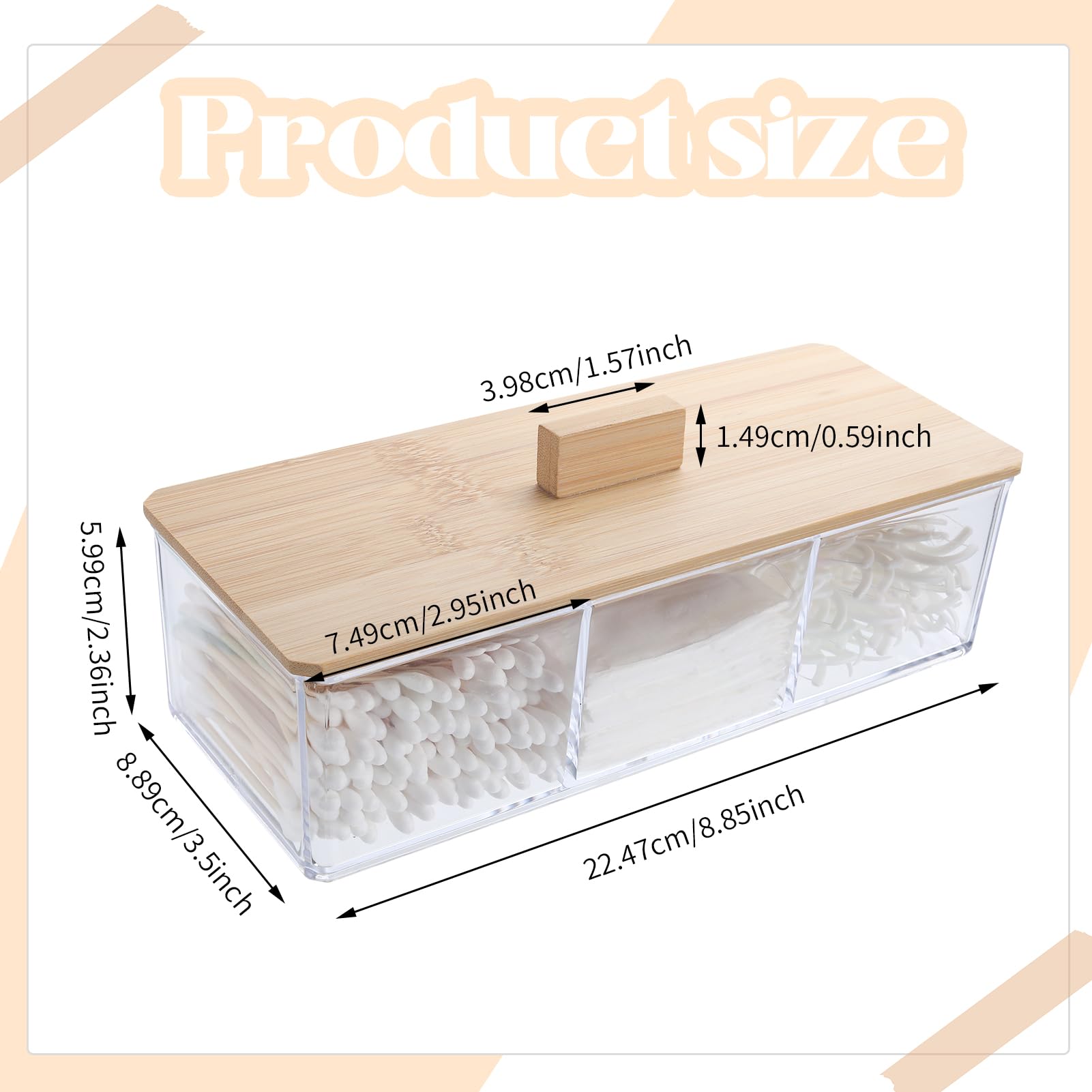 Clear Acrylic Qtip Holder with Lid - 3 Compartments for Cotton Balls & Swabs | Bathroom & Makeup Organizer